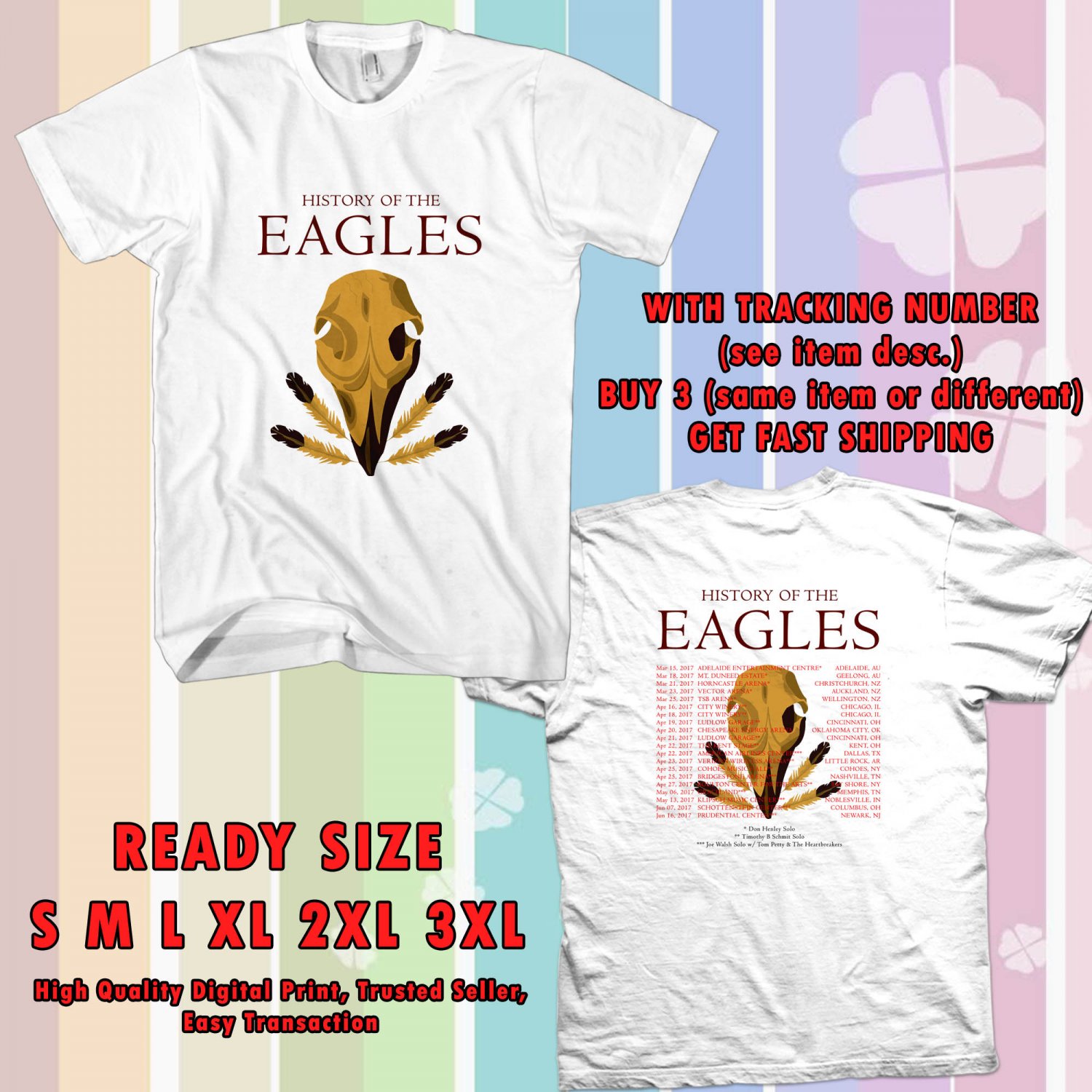 NEW EAGLES BAND FOR CREW TOUR 2017 WHITE TEE W DATES DMTR