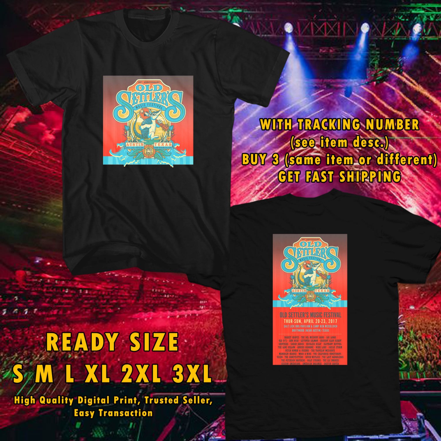 NEW OLD SETTLER'S FESTIVAL APRIL 2017 black TEE W DATES DMTR