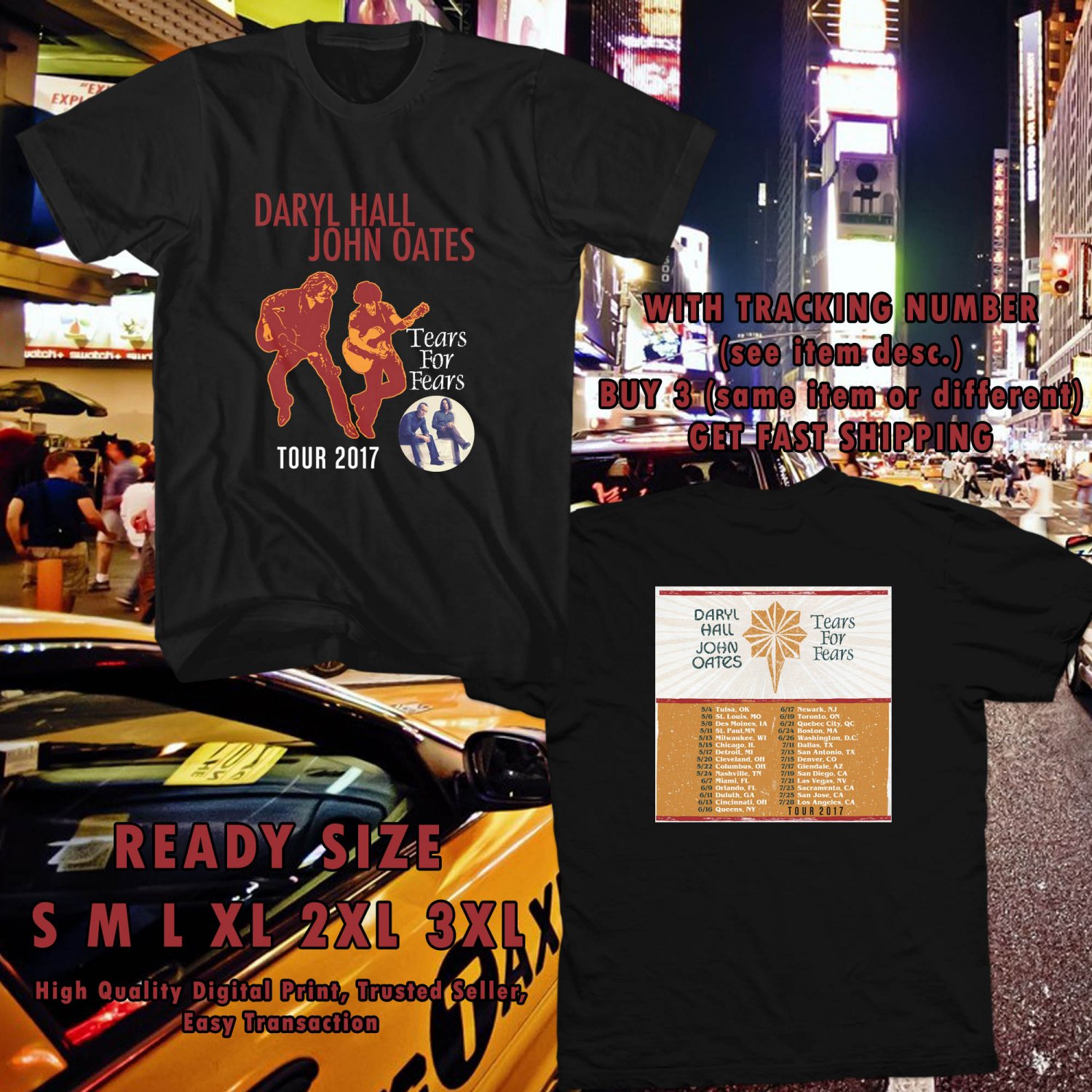 NEW DARYL HALL&JOHN OATES W TEARS FOR FEARS TOUR 2017 black TEE W DATES DMTR