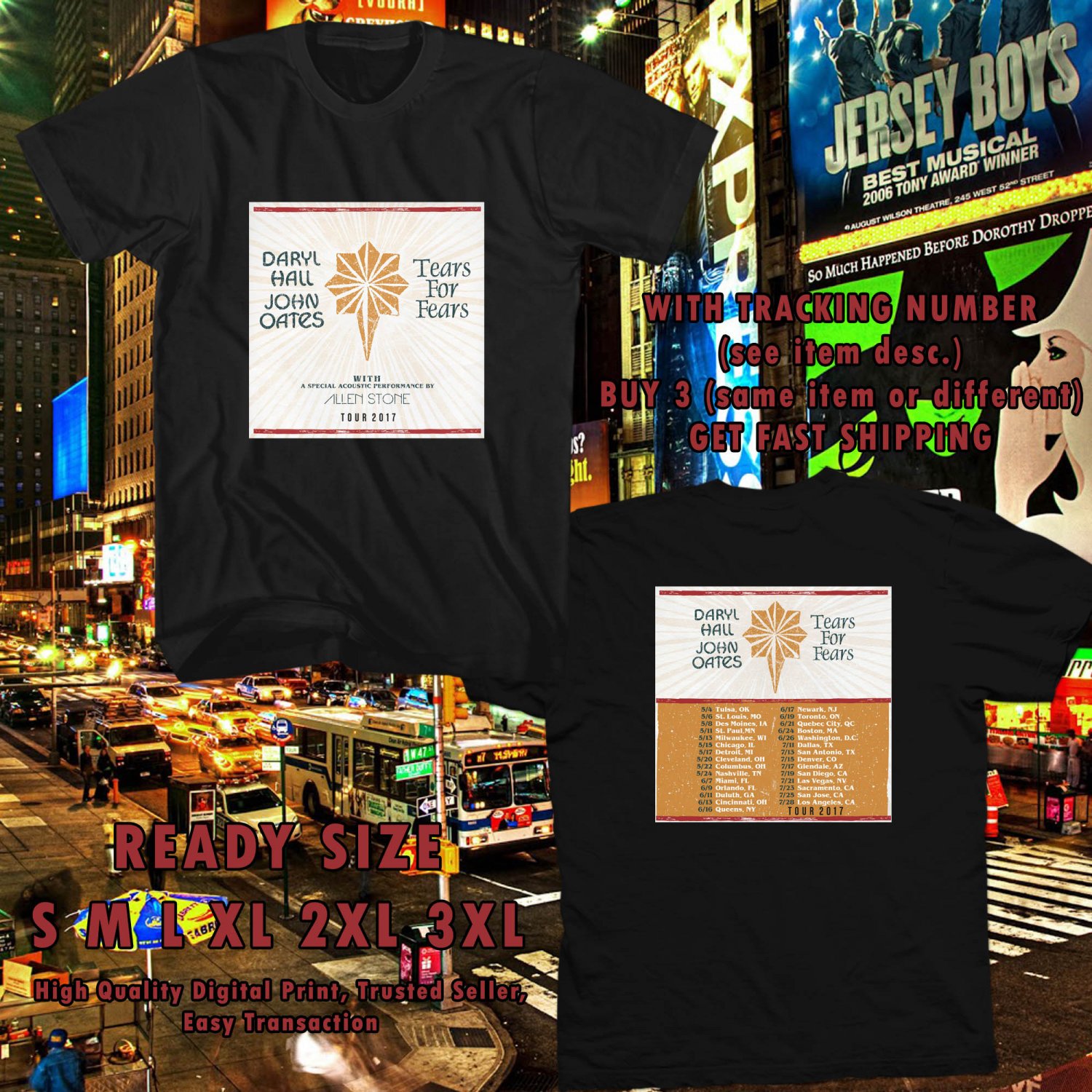 NEW DARYL HALL&JOHN OATES W TEARS FOR FEARS TOUR 2017 black TEE W DATES DMTR 221