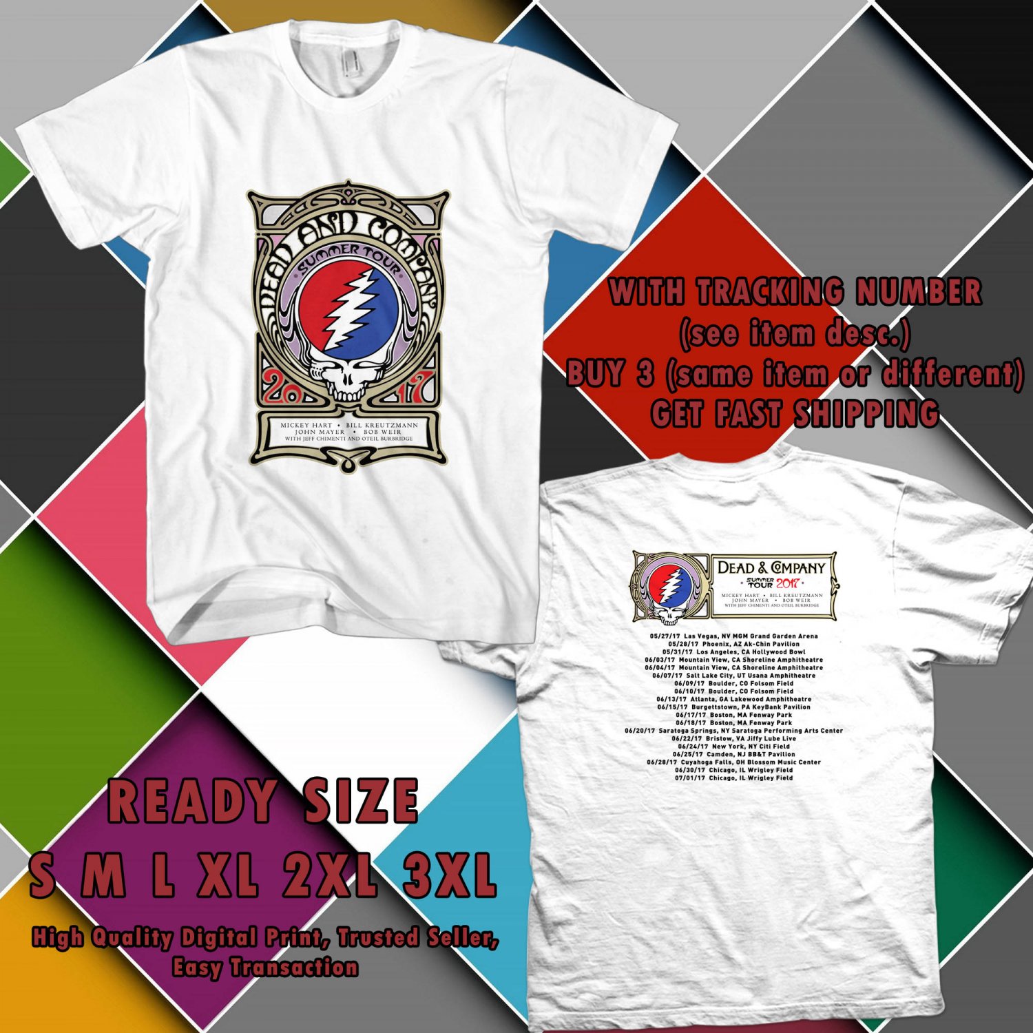 NEW DEAD AND COMPANY SUMMER TOUR 2017 black TEE W DATES DMTR