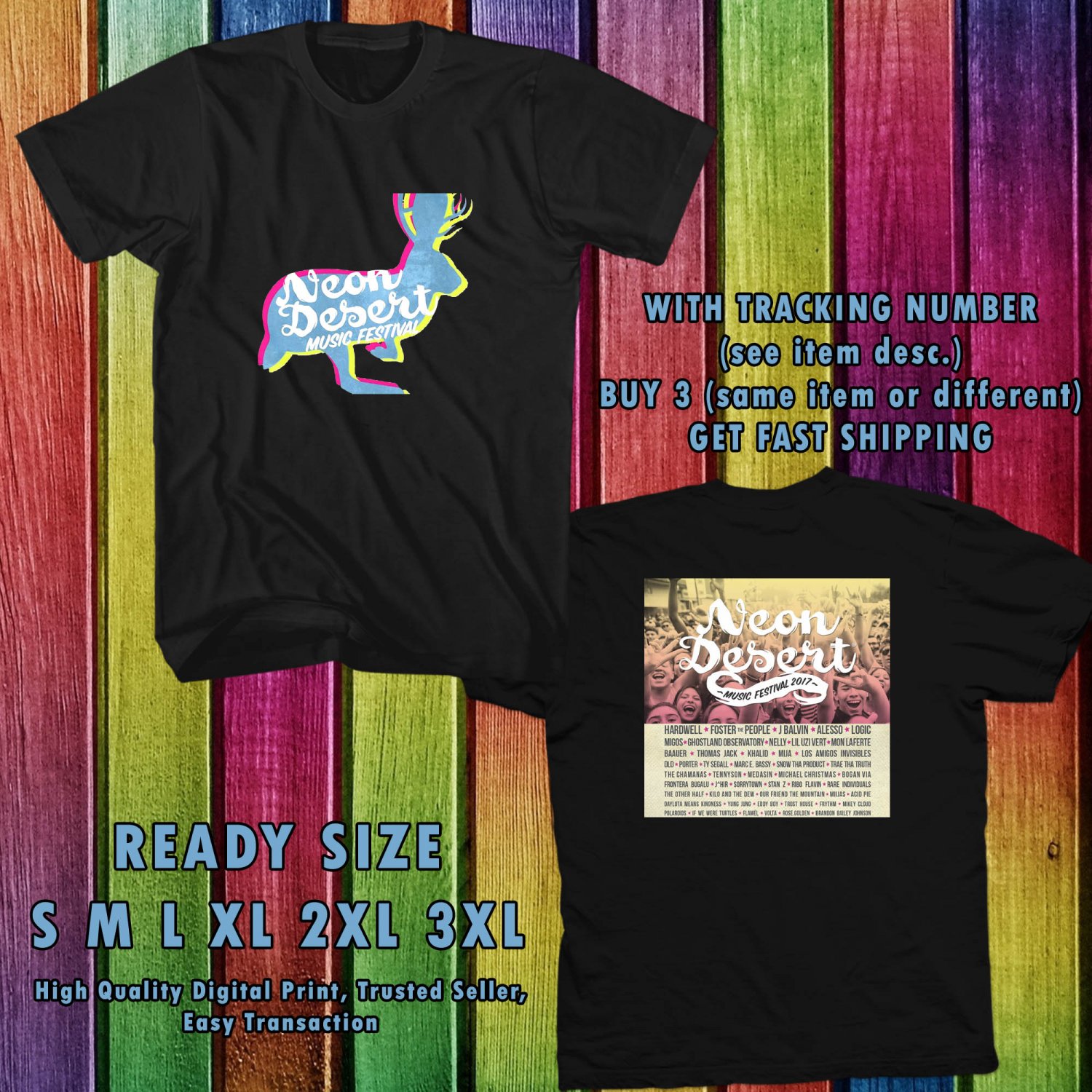 NEW NEON DESERT FESTIVAL MAY 2017 black TEE W DATES DMTR