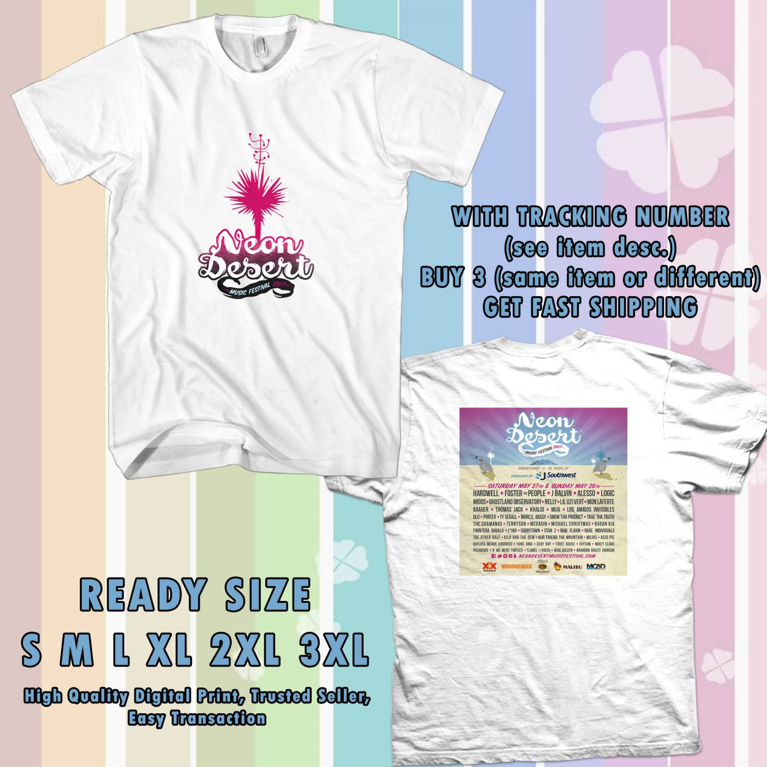 NEW NEON DESERT FESTIVAL MAY 2017 WHITE TEE W DATES DMTR