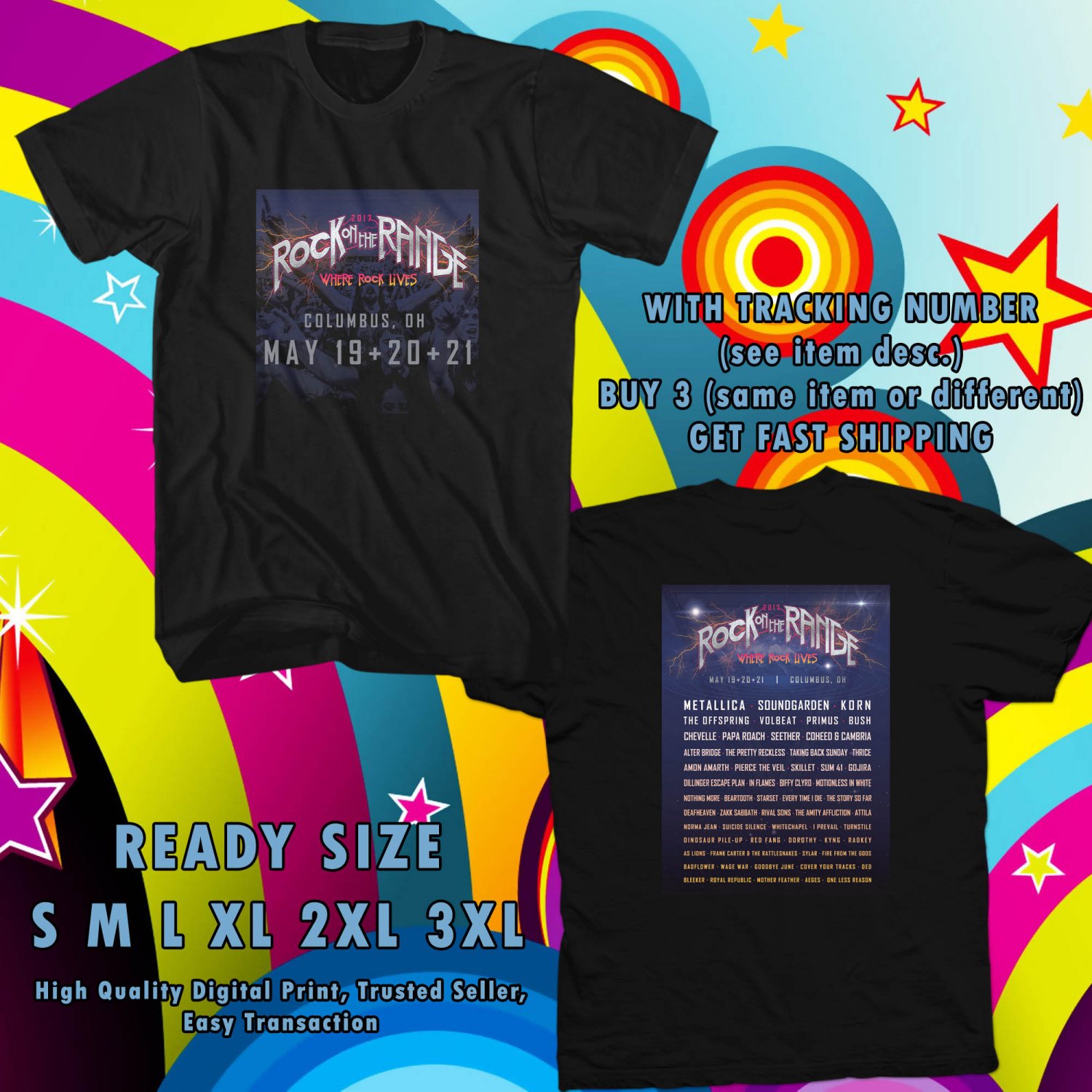 NEW ROCK ON THE RANGE FESTIVAL MAY 2017 black TEE W DATES DMTR