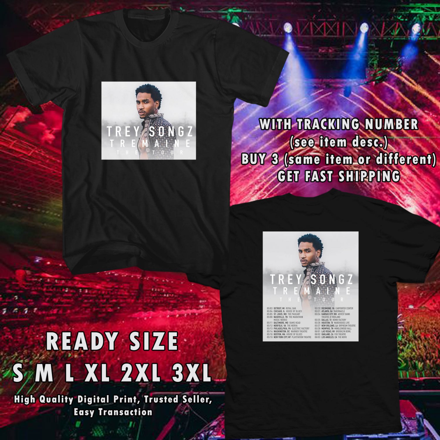 NEW TREY SONGZ TREMAINE THE TOUR 2017 black TEE W DATES DMTR