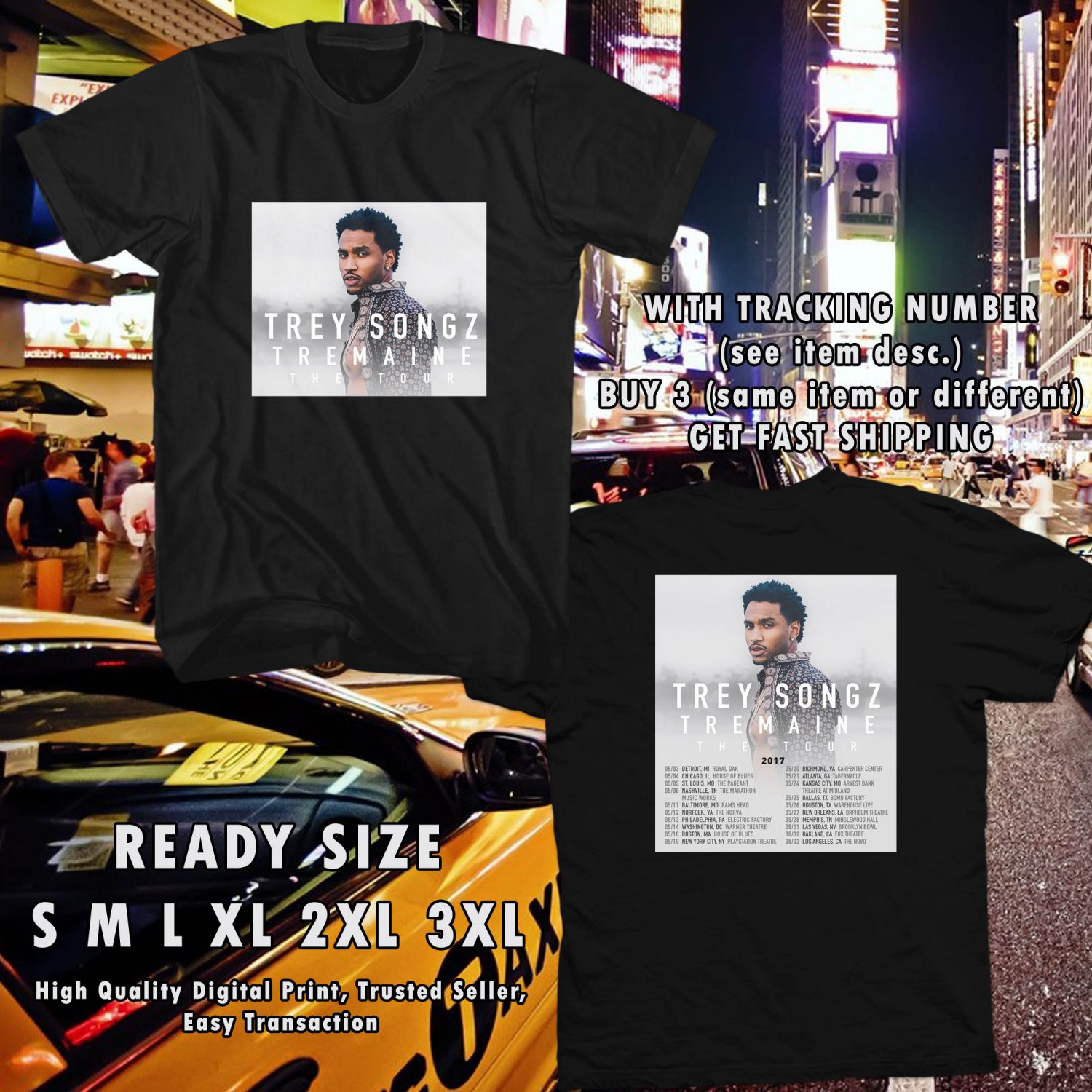 NEW TREY SONGZ TREMAINE THE TOUR 2017 black TEE W DATES DMTR 114