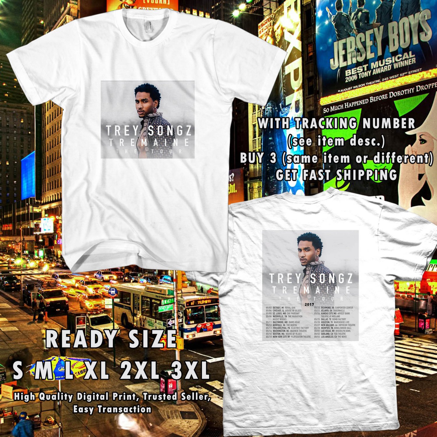 NEW TREY SONGZ TREMAINE THE TOUR 2017 WHITE TEE W DATES DMTR