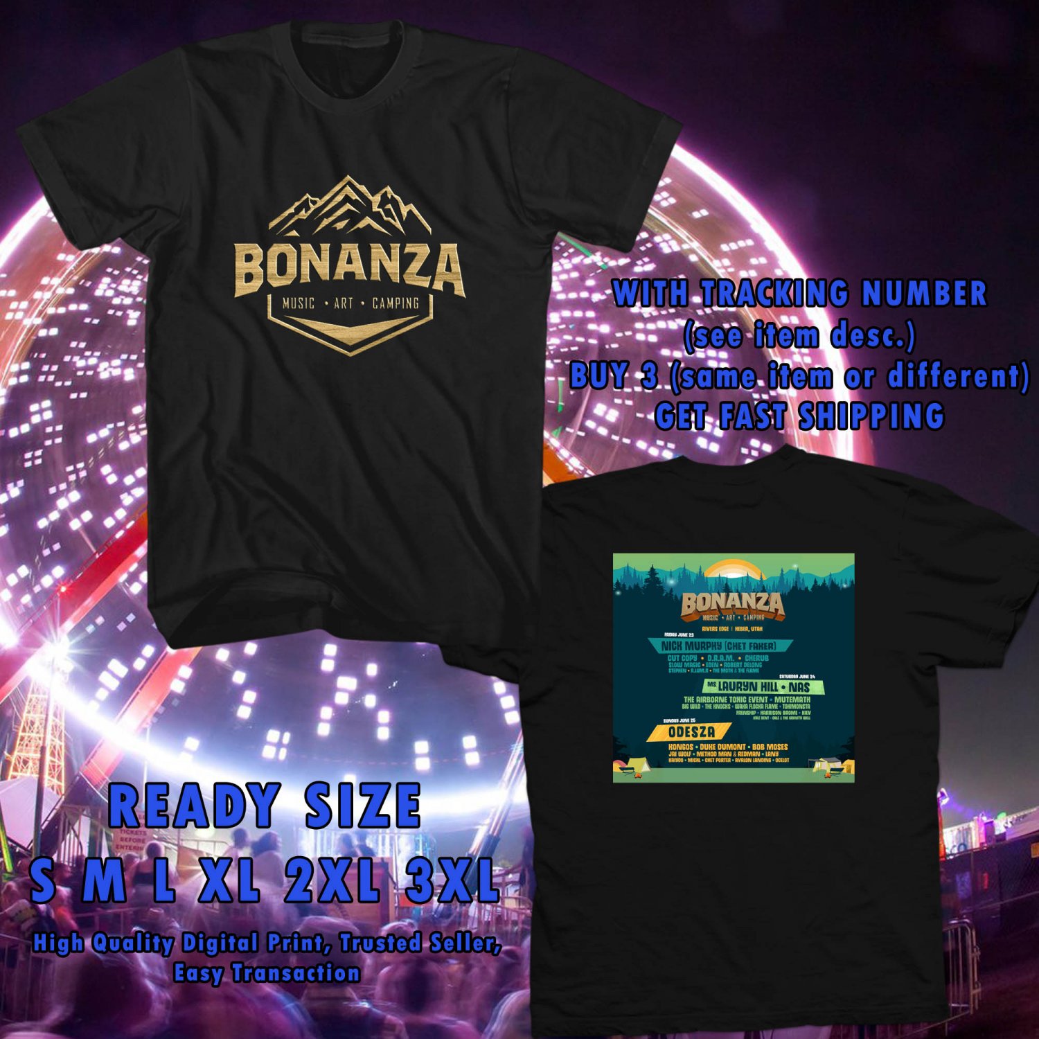NEW BONANZA CAMPOUT FESTIVAL MAY 2017 black TEE 2 SIDE DMTR 443