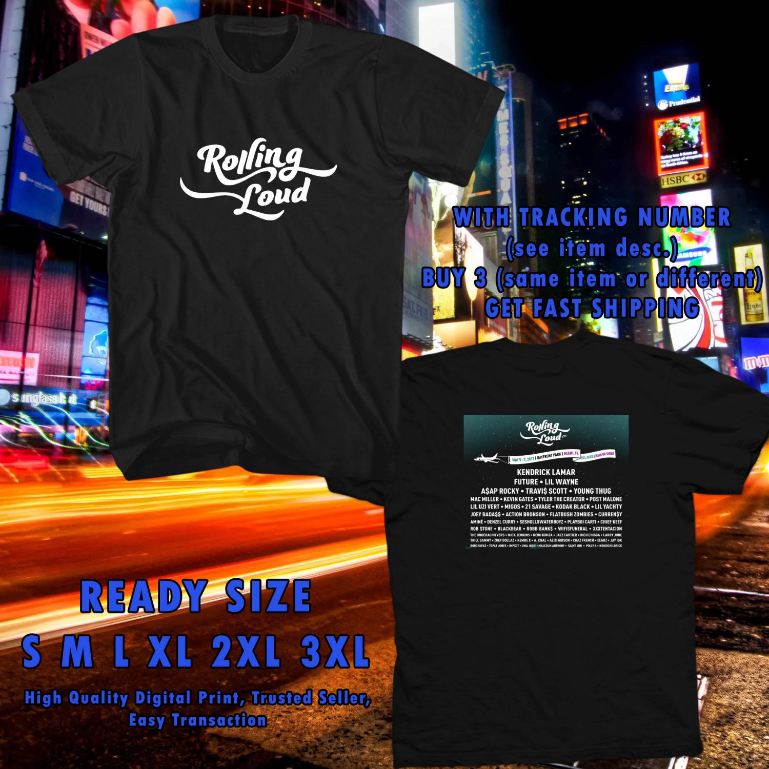 NEW ROLLING LOUD FESTIVAL MAY 2017 black TEE 2 SIDE DMTR