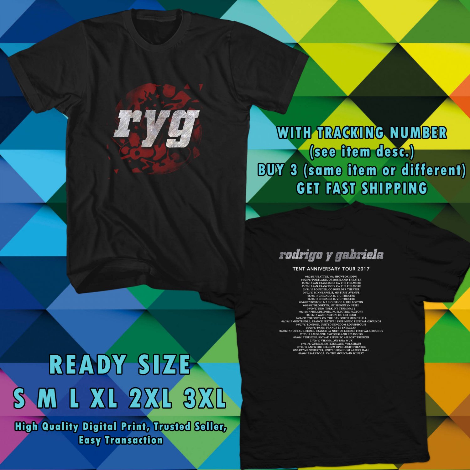 NEW RODRIGO Y GABRIELA TENTH ANNIVERSARY TOUR 2017 black TEE W DATES DMTR 221