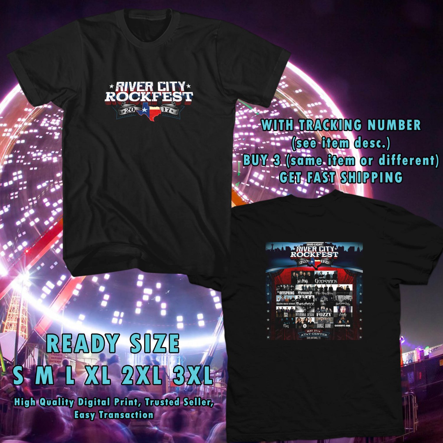 NEW RIVER CITY ROCKFEST MAY 2017 black TEE 2 SIDE DMTR 554
