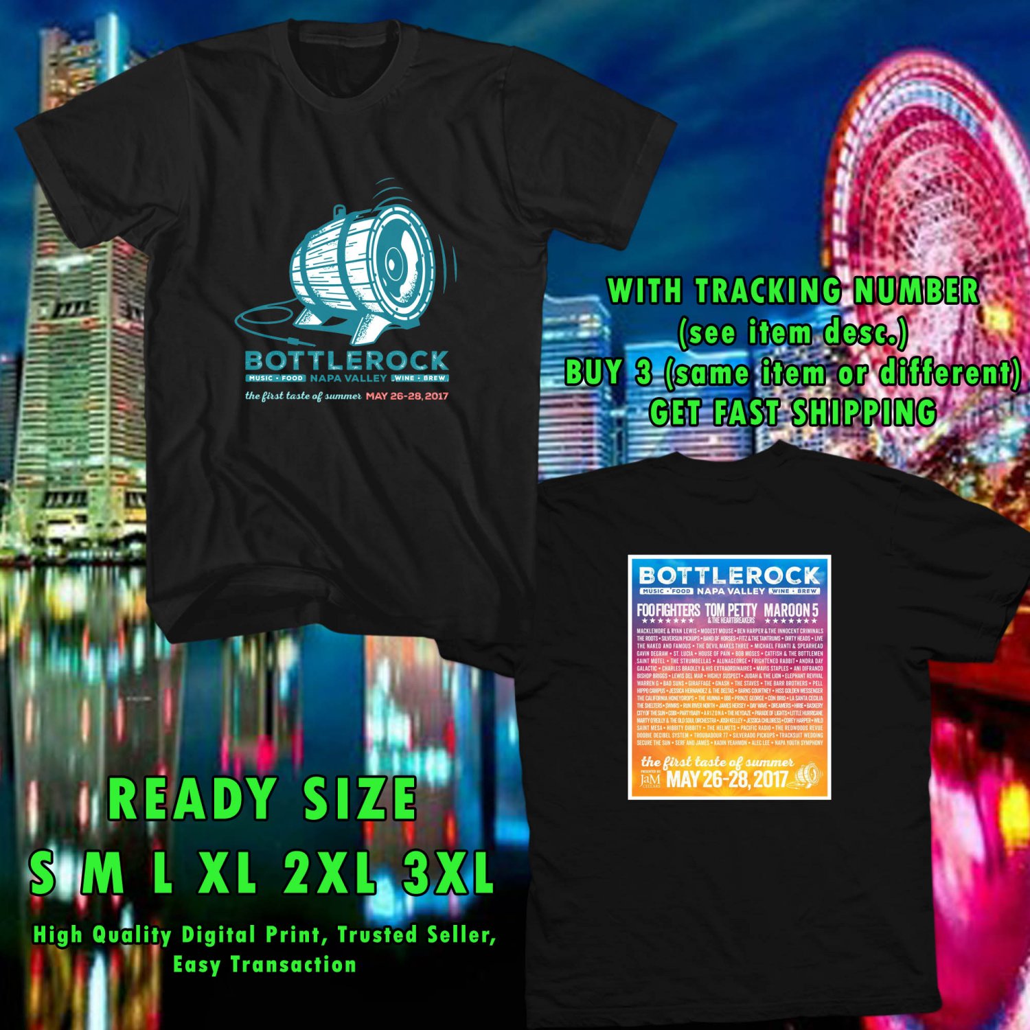 NEW BOTTLEROCK FESTIVAL MAY 2017 black TEE 2 SIDE DMTR 112