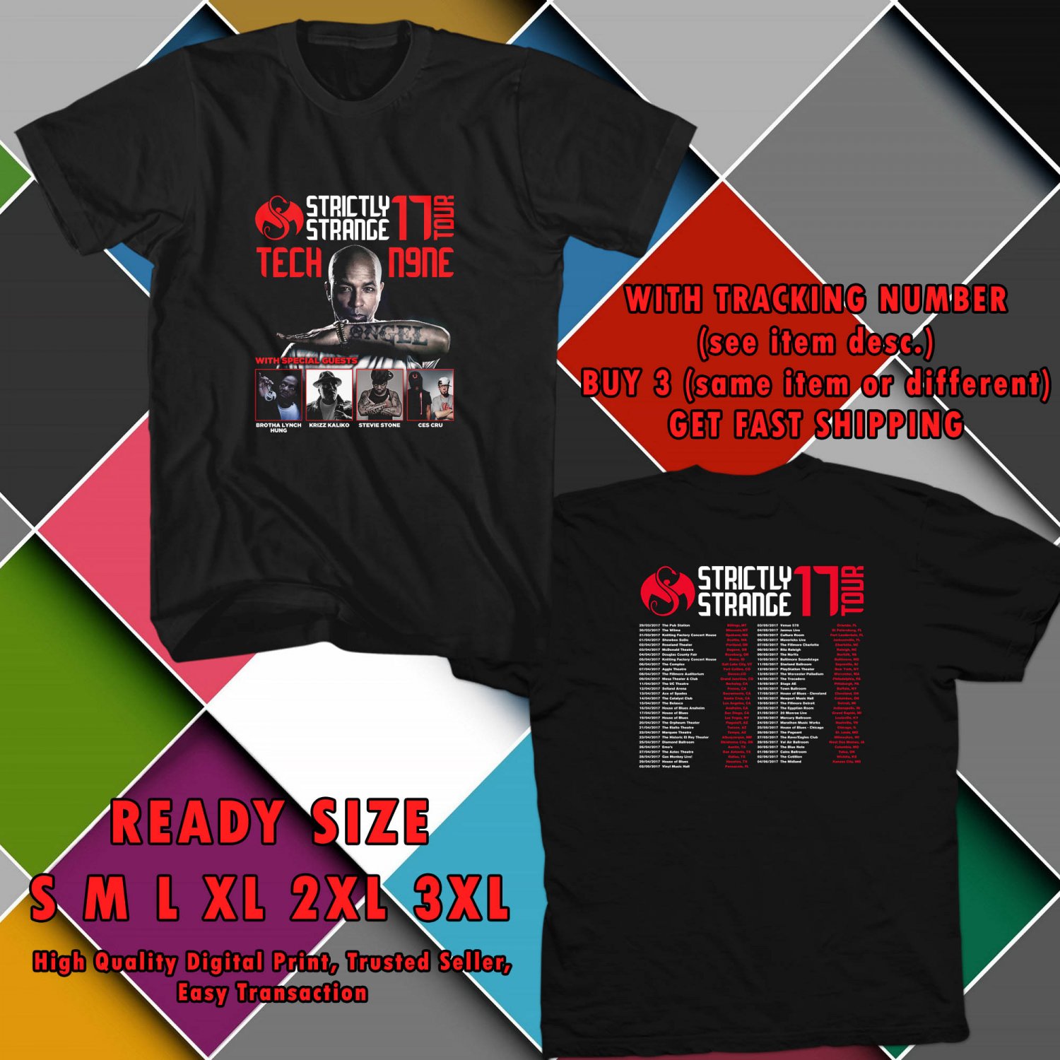 NEW TECH N9NE STRICTLY STRANGE USA TOUR 2017 black TEE 2 SIDE DMTR