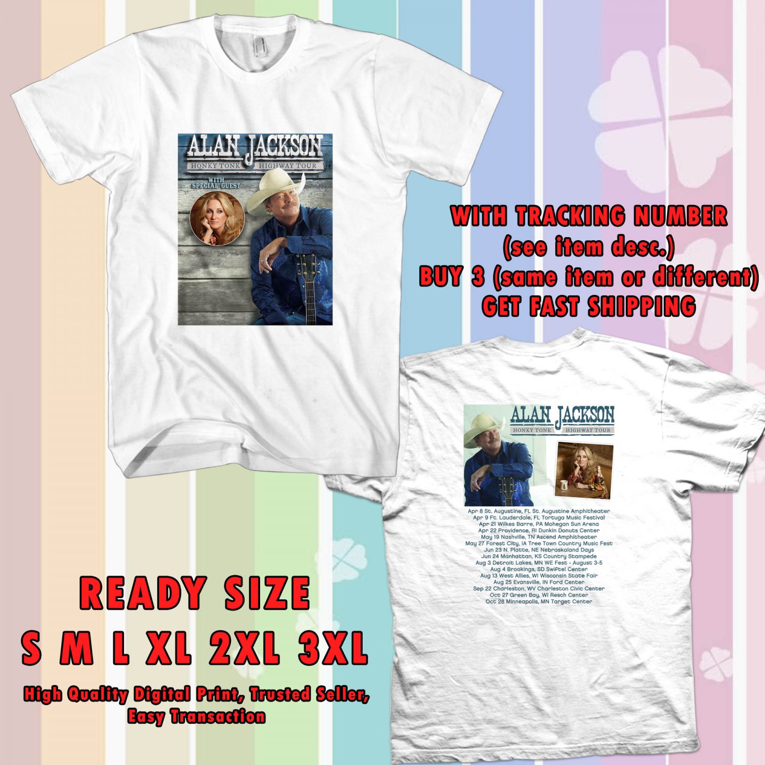NEW ALAN JACKSON HONKY TONK HIGHWAY TOUR 2017 WHITE TEE 2 SIDE DMTR 112