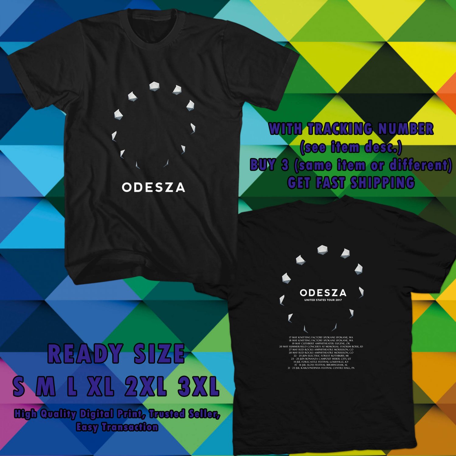 NEW ODESZA UNITED STATES TOUR 2017 black TEE 2 SIDE DMTR