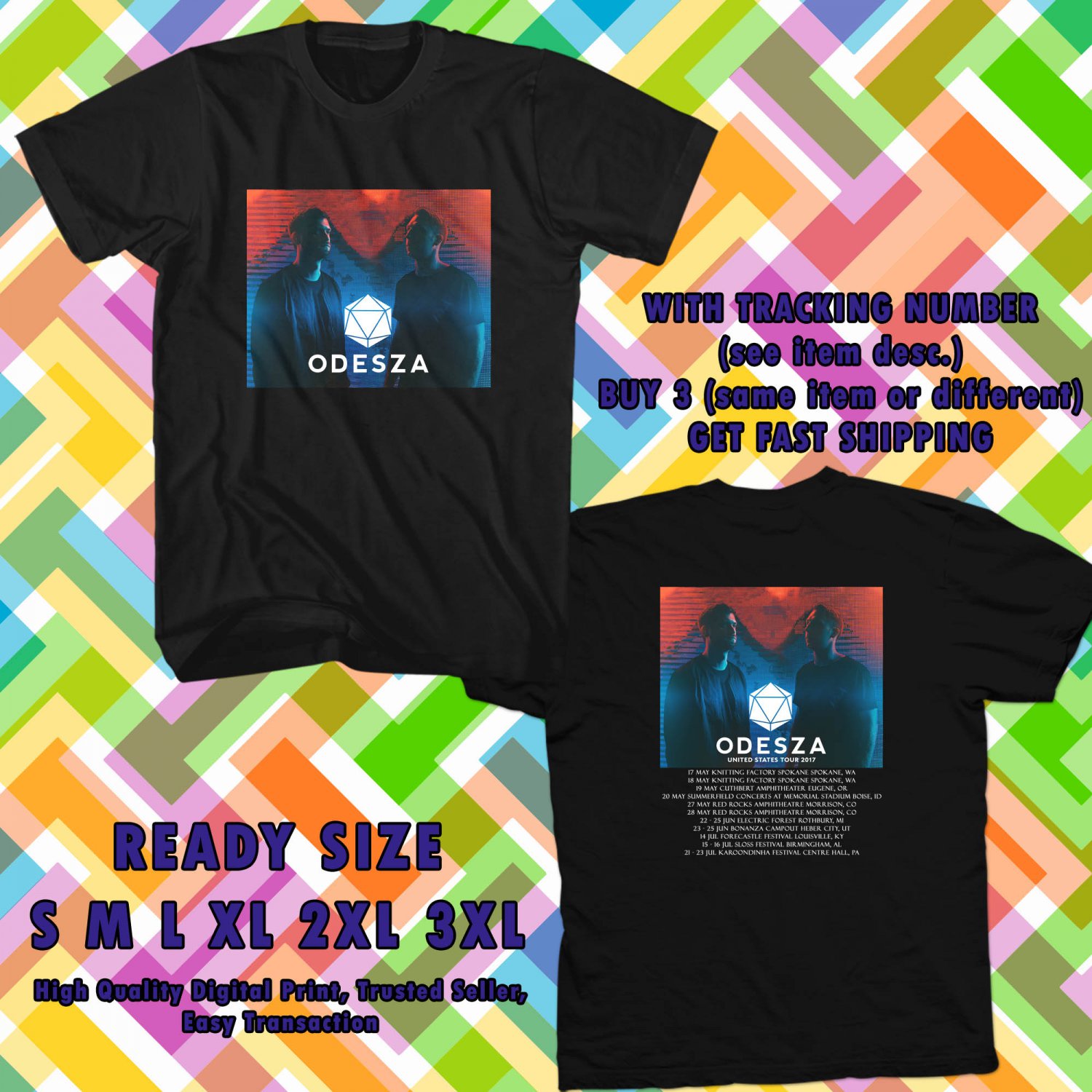 NEW ODESZA UNITED STATES TOUR 2017 black TEE 2 SIDE DMTR 443