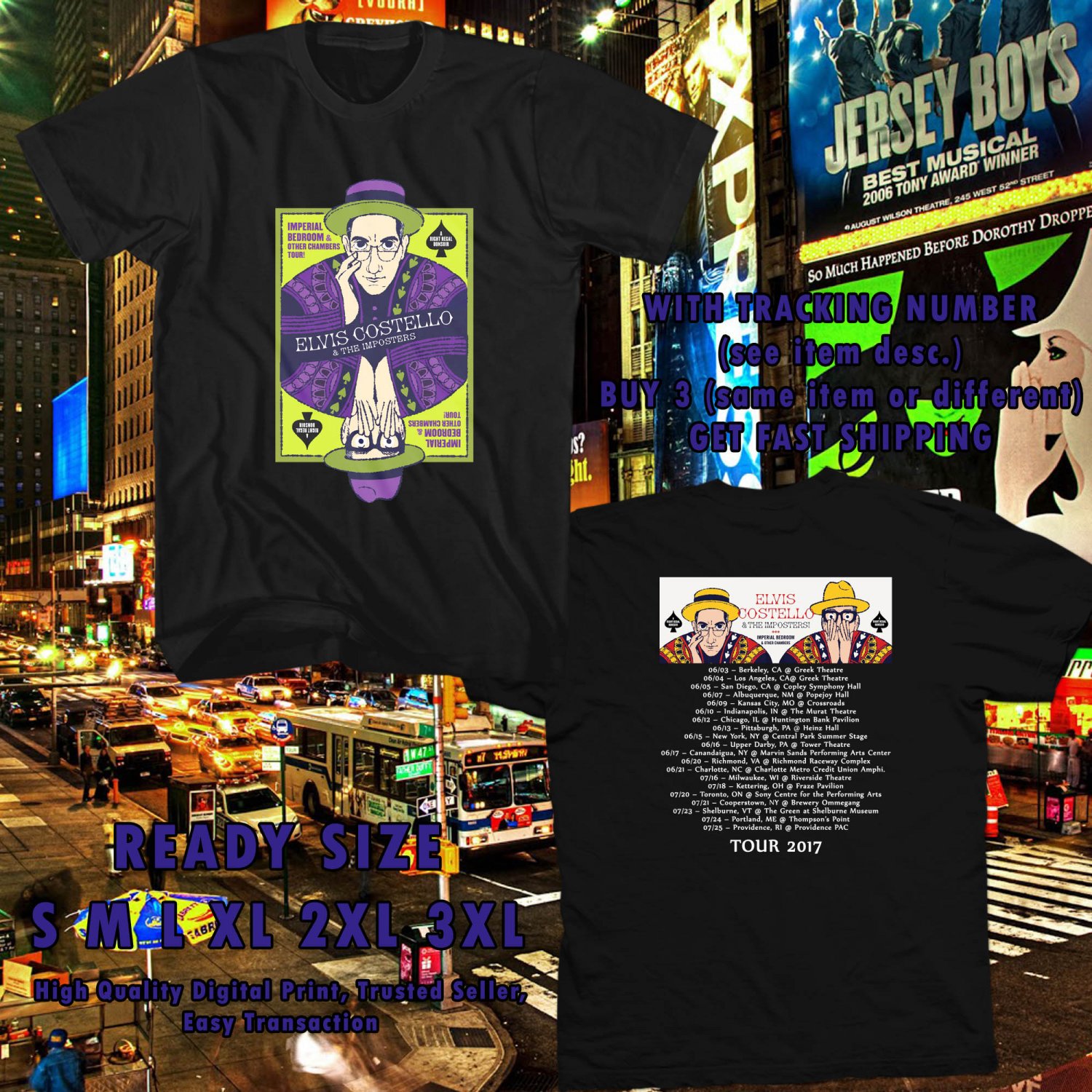 NEW ELVIS COSTELLO AND THE IMPOSTER IMPERIALBEDROOMOTHERCHAMBER TOUR 2017 BLACK TEE 2 SIDE DMTR
