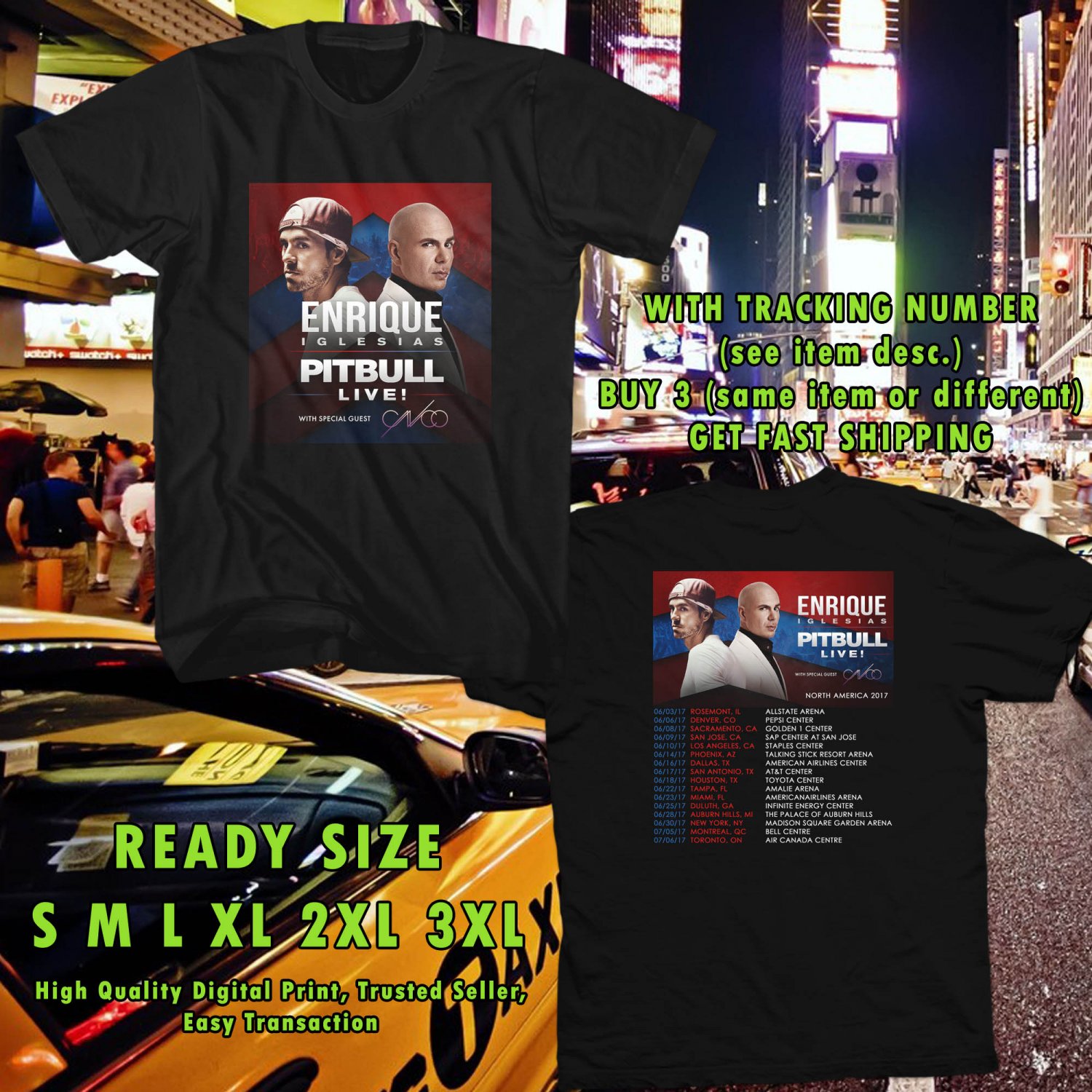 NEW ENRIQUE IGLESIAS AND PITBULL IVE N.AMERICA TOUR 2017 BLACK TEE 2 SIDE DMTR