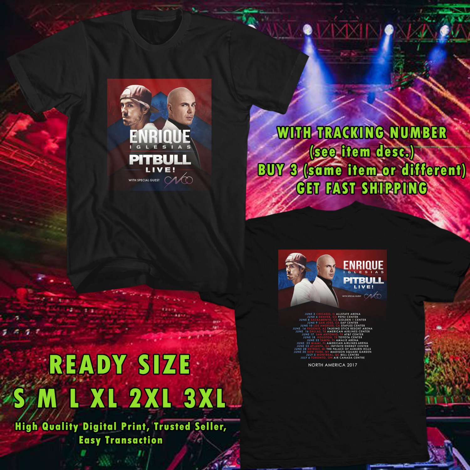 NEW ENRIQUE IGLESIAS AND PITBULL IVE N.AMERICA TOUR 2017 BLACK TEE 2 SIDE DMTR 221