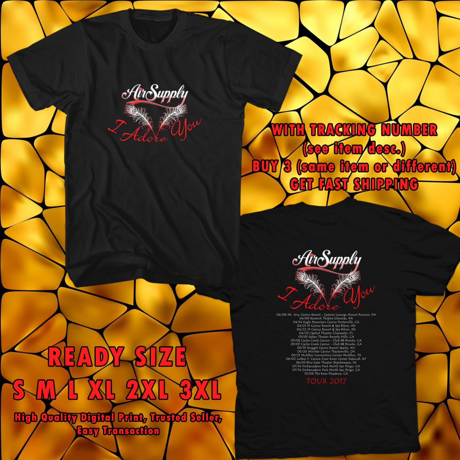 NEW AIR SUPPLY UNITED STATES TOUR 2017 black TEE 2 SIDE DMTR