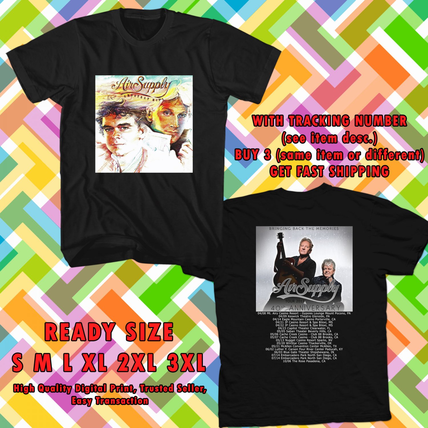 NEW AIR SUPPLY UNITED STATES TOUR 2017 black TEE 2 SIDE DMTR 332