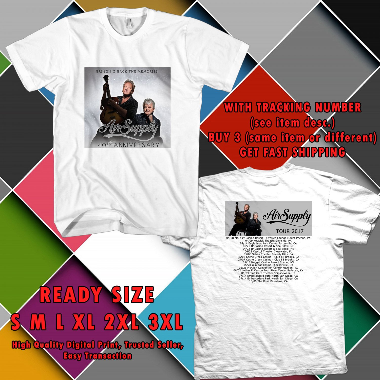 NEW AIR SUPPLY UNITED STATES TOUR 2017 WHITE TEE 2 SIDE DMTR
