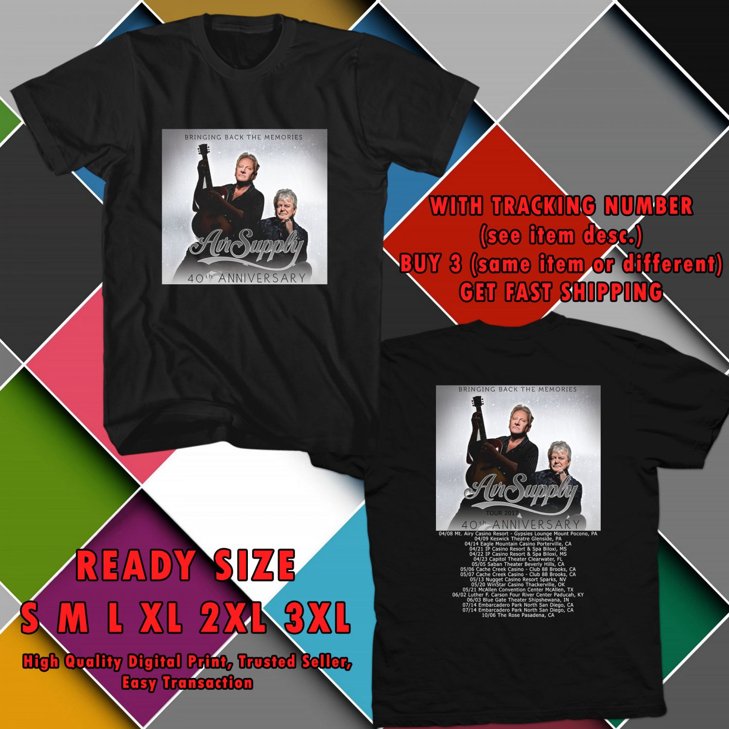 NEW AIR SUPPLY UNITED STATES TOUR 2017 black TEE 2 SIDE DMTR 114