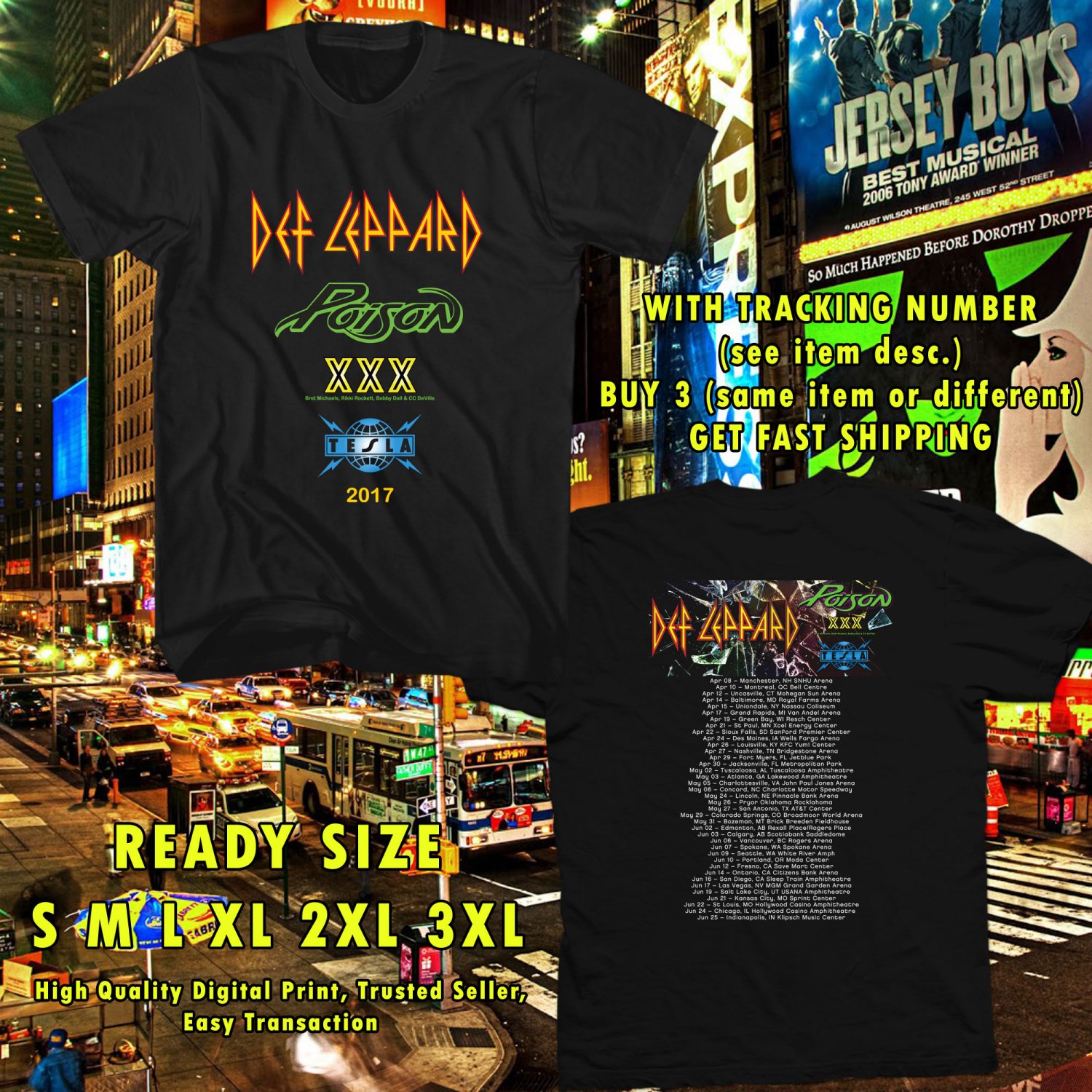 NEW DEF LEPPARD, POSION AND TESLA TOUR 2017 black TEE 2 SIDE DMTR 332