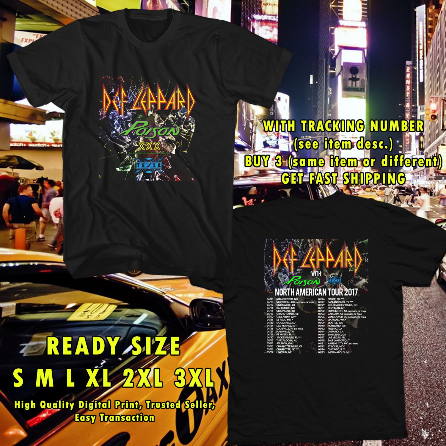NEW DEF LEPPARD, POSION AND TESLA TOUR 2017 black TEE 2 SIDE DMTR