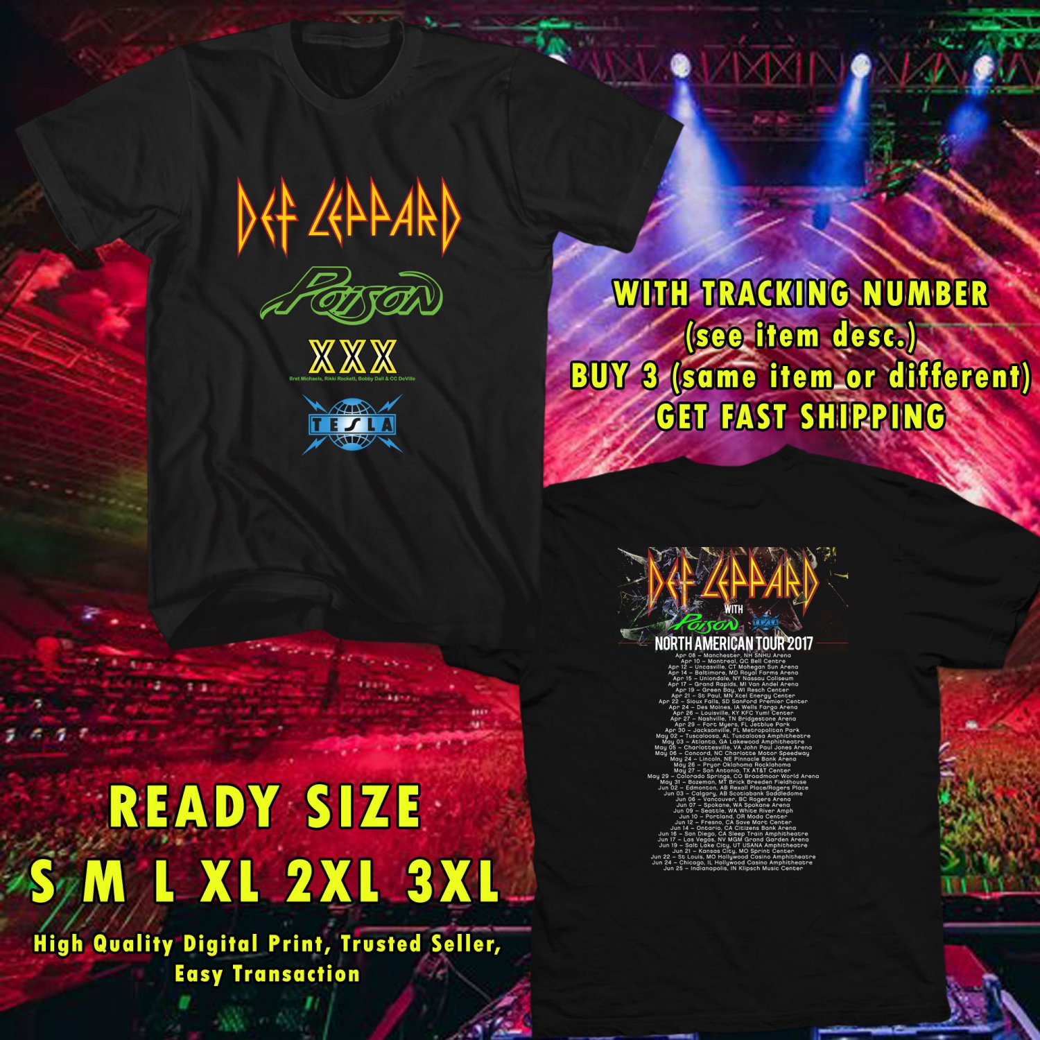 NEW DEF LEPPARD, POSION AND TESLA TOUR 2017 black TEE 2 SIDE DMTR 112
