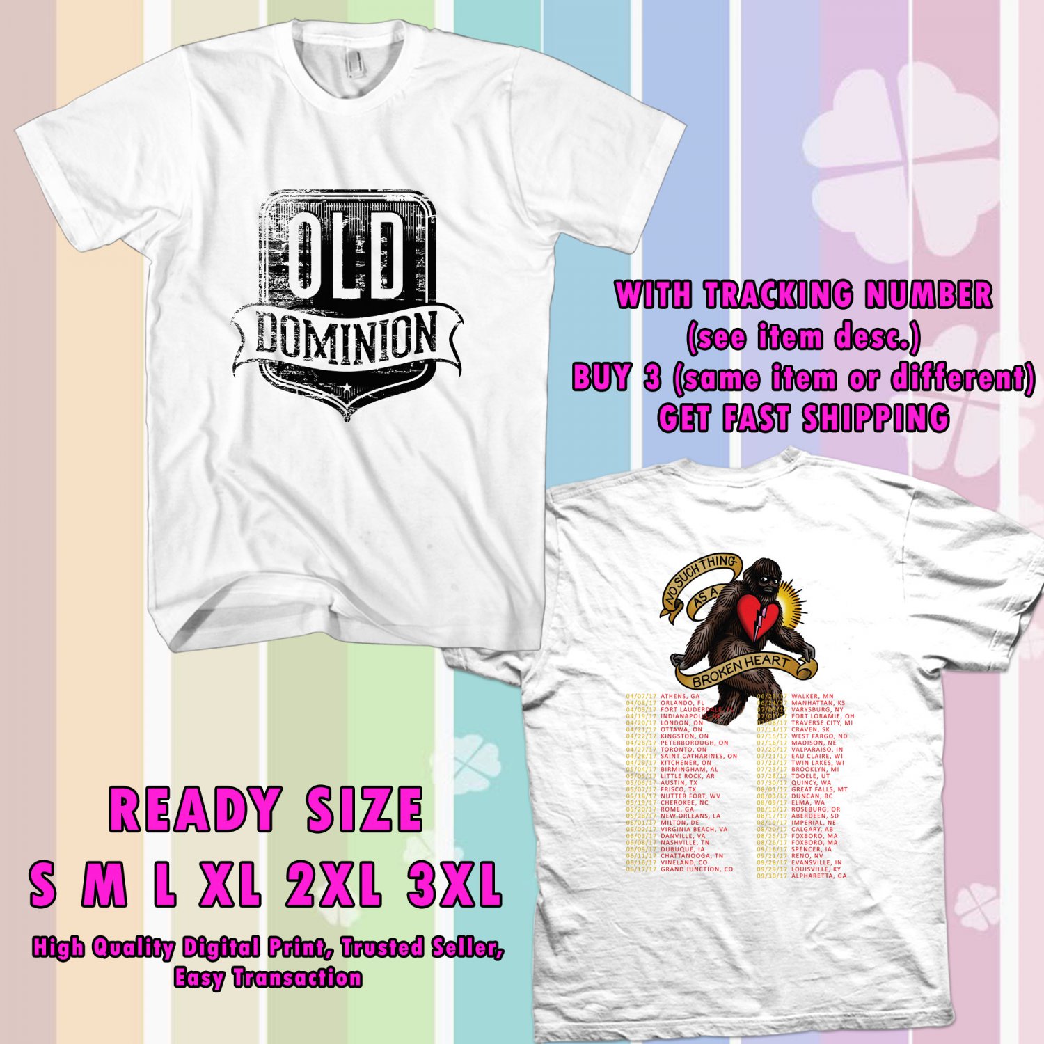 NEW OLD DOMINION NOSUCHTHINGASBROKEN HEART TOUR 2017 WHITE TEE 2 SIDE DMTR