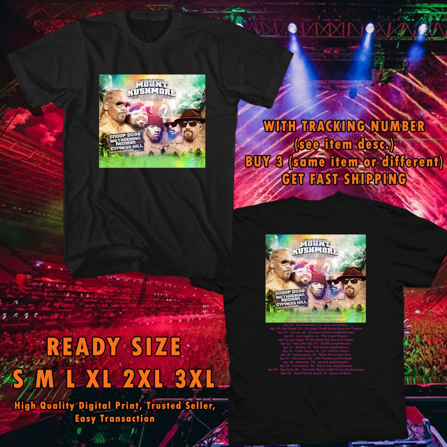 NEW SNOOP DOGG MOUNT KUSHMORE WELLNESS RETREAT TOUR 2017 black TEE 2 SIDE DMTR 554