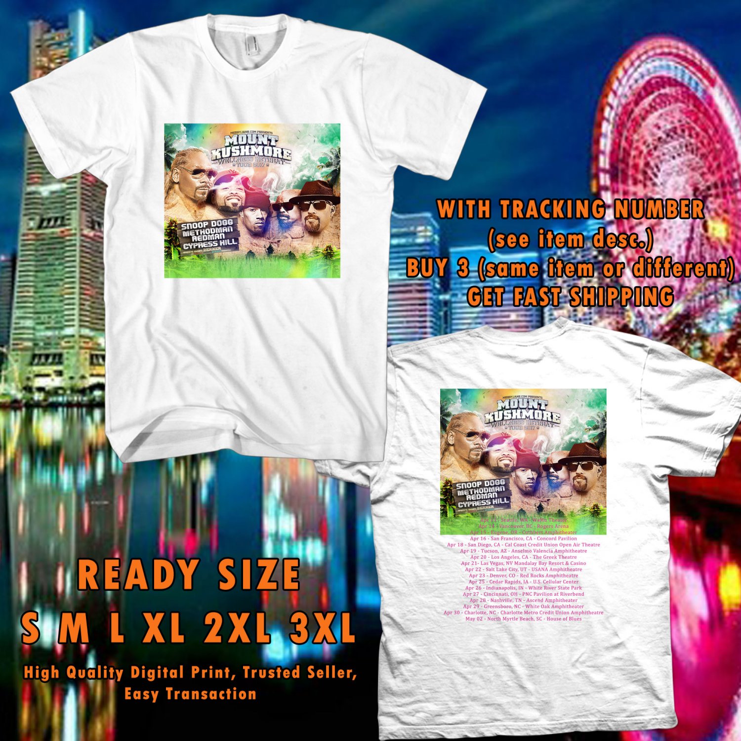 NEW SNOOP DOGG MOUNT KUSHMORE WELLNESS RETREAT TOUR 2017 WHITE TEE 2 SIDE DMTR