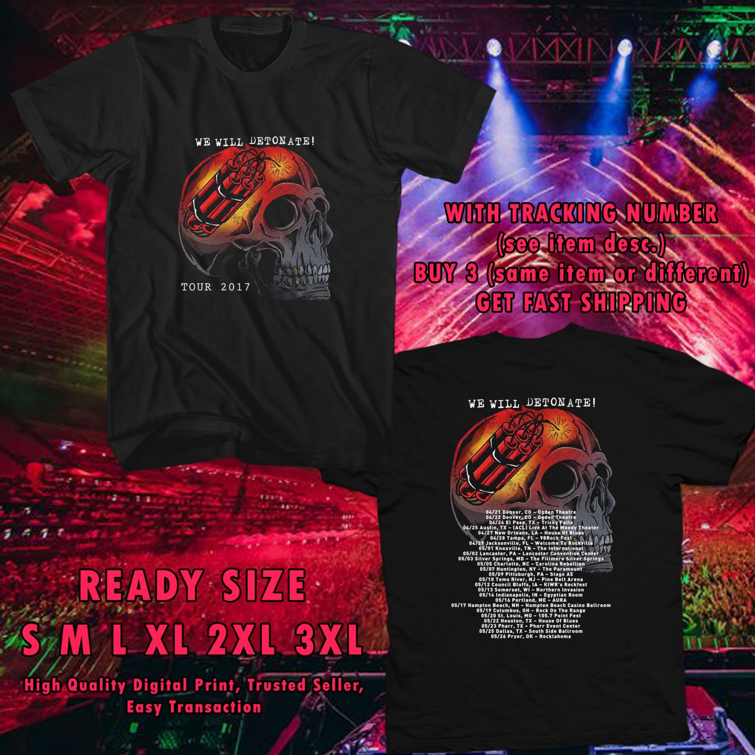NEW PIERCE THE VEIL AND SUM41 WE WILL DETONATE TOUR 2017 black TEE 2 SIDE DMTR