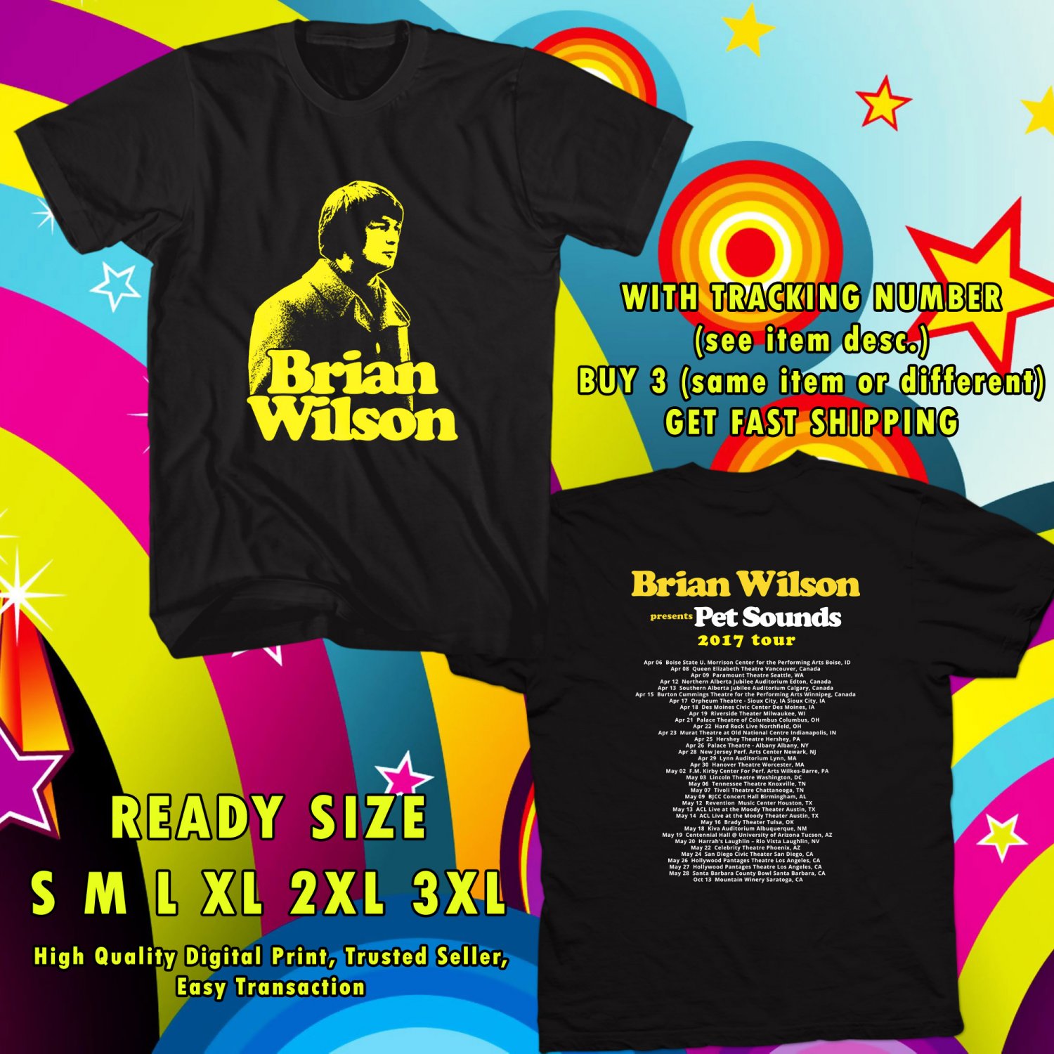 NEW BRIAN WILSON PET SOUNDS TOUR 2017 black TEE 2 SIDE DMTR