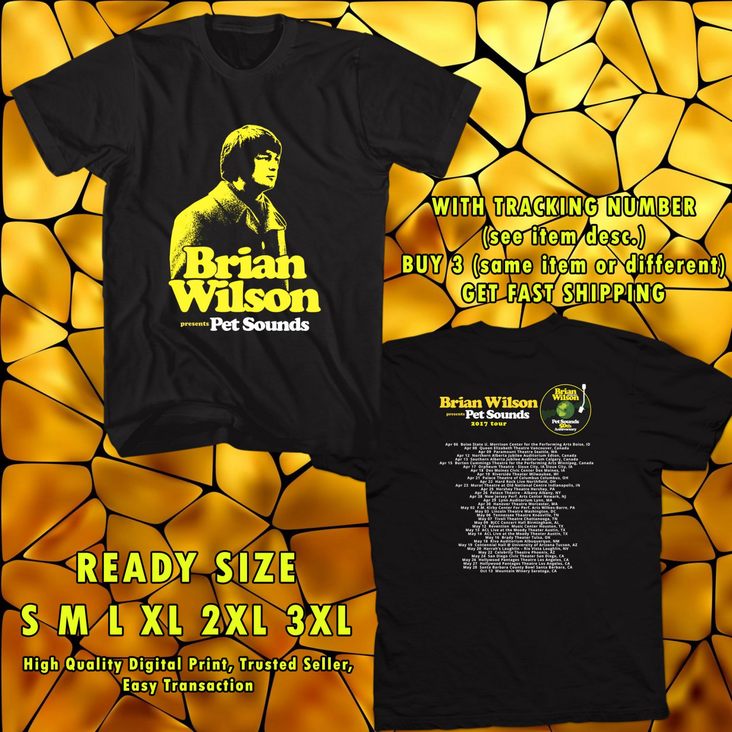 NEW BRIAN WILSON PET SOUNDS TOUR 2017 black TEE 2 SIDE DMTR 112