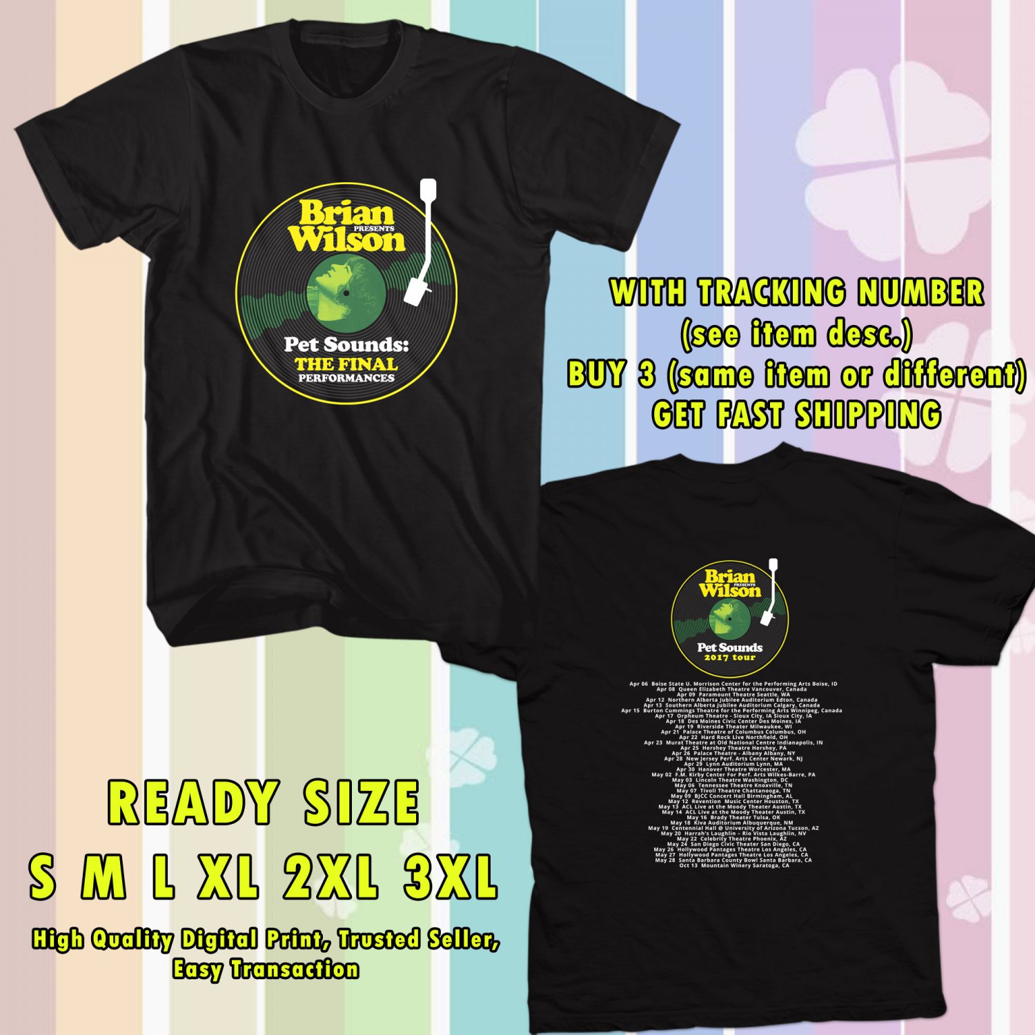NEW BRIAN WILSON PET SOUNDS TOUR 2017 black TEE 2 SIDE DMTR 552