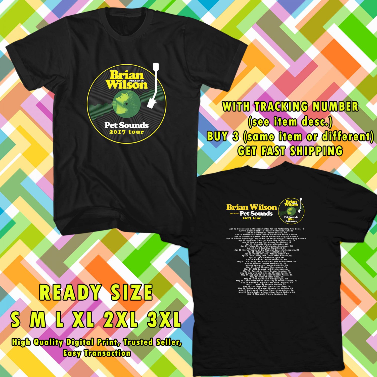 NEW BRIAN WILSON PET SOUNDS TOUR 2017 black TEE 2 SIDE DMTR 992