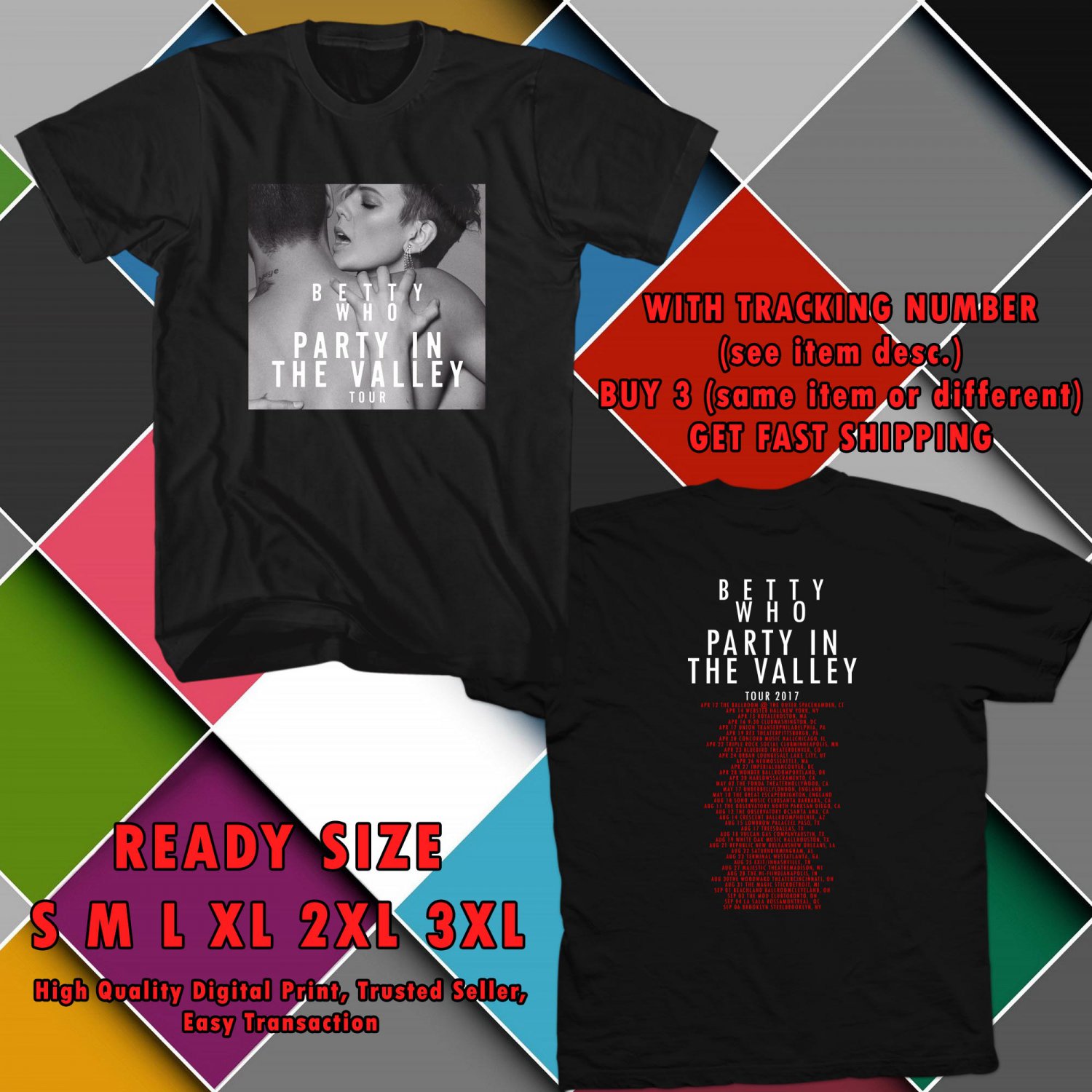 NEW BETTY WHO PARTY IN THE VALLEY TOUR 2017 black TEE W DATES DMTR