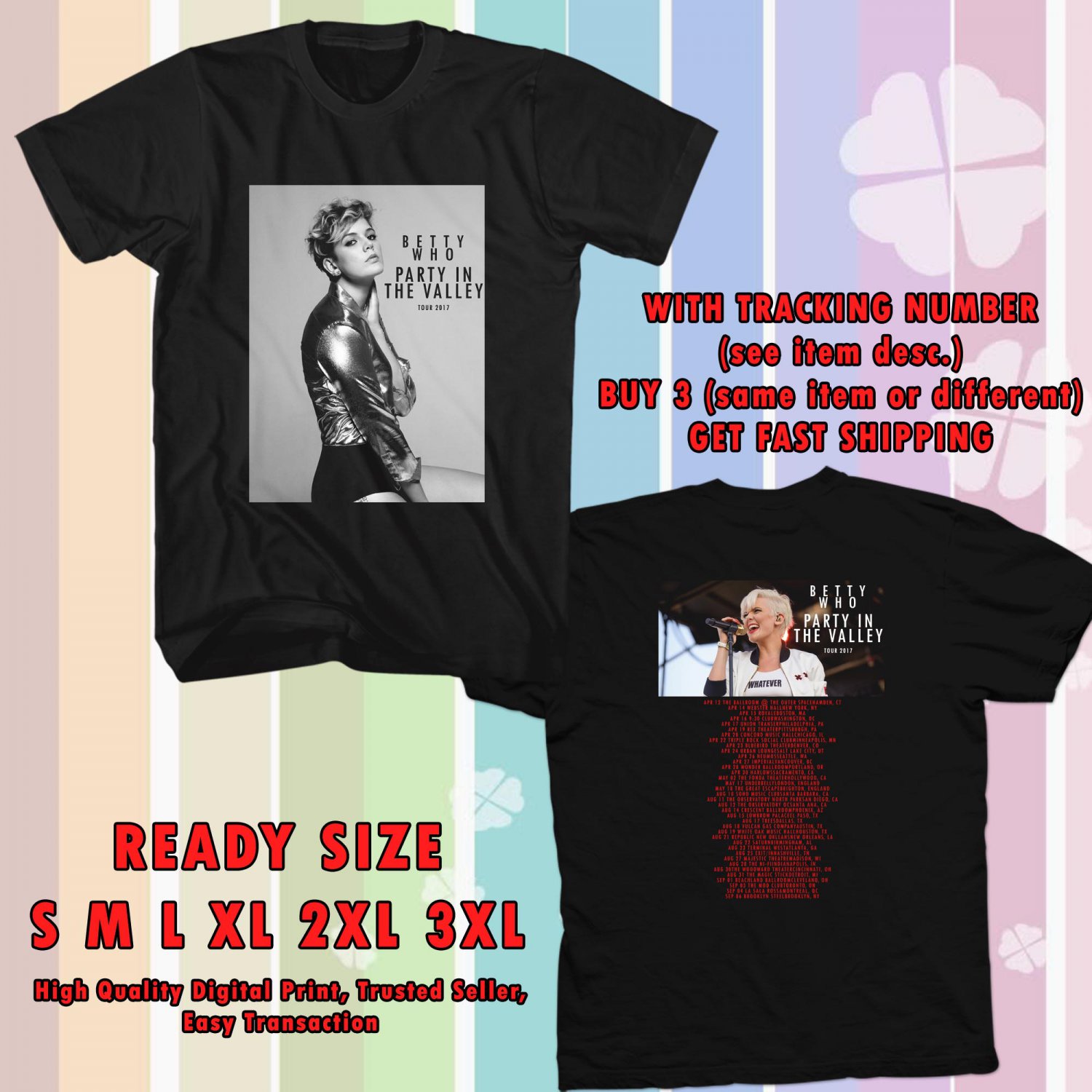 NEW BETTY WHO PARTY IN THE VALLEY TOUR 2017 BLACK TEE W DATES DMTR