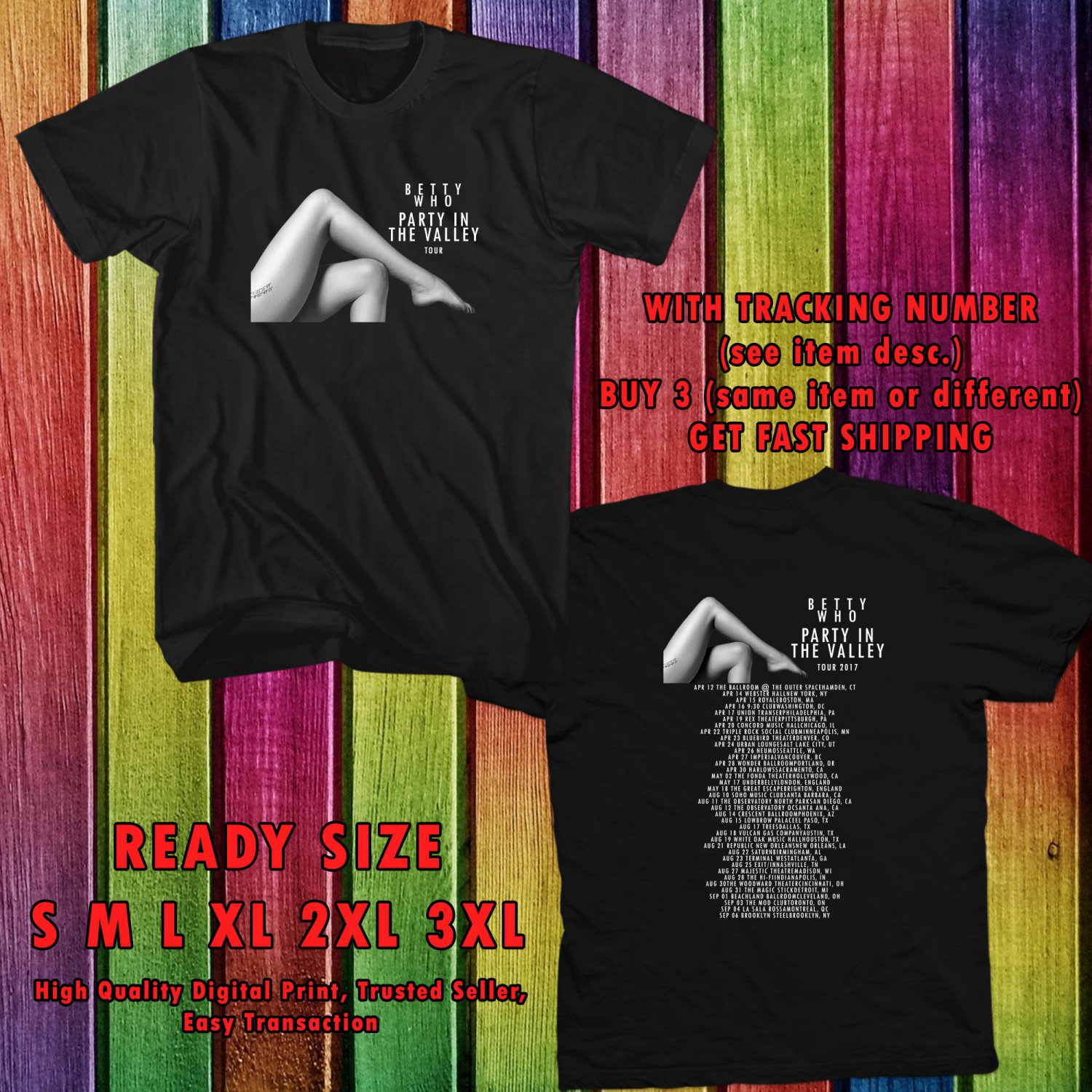 NEW BETTY WHO PARTY IN THE VALLEY TOUR 2017 BLACK TEE W DATES DMTR 443