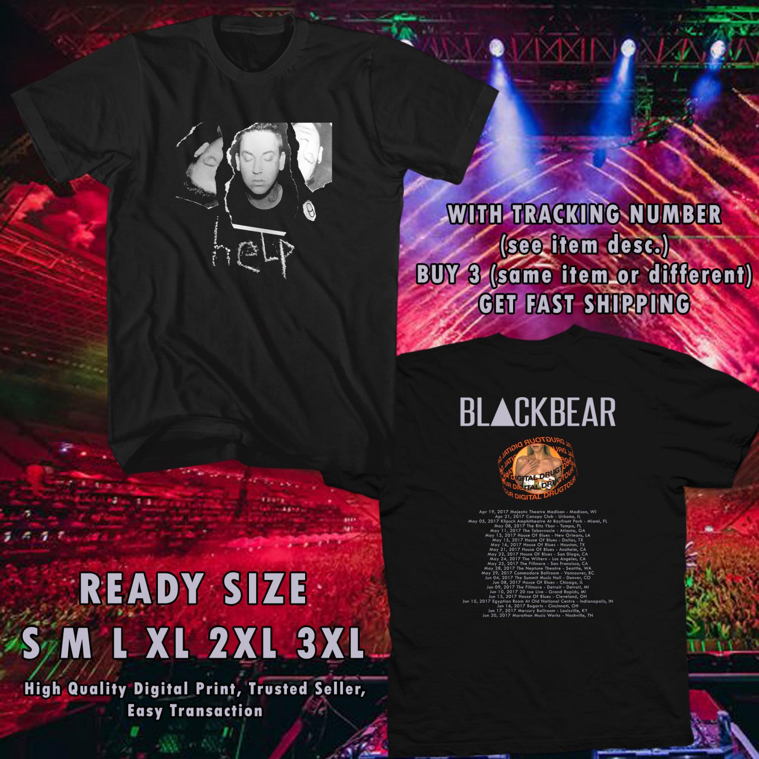 NEW BLACKBEAR DIGITAL DRUG TOUR 2017 BLACK TEE W DATES DMTR