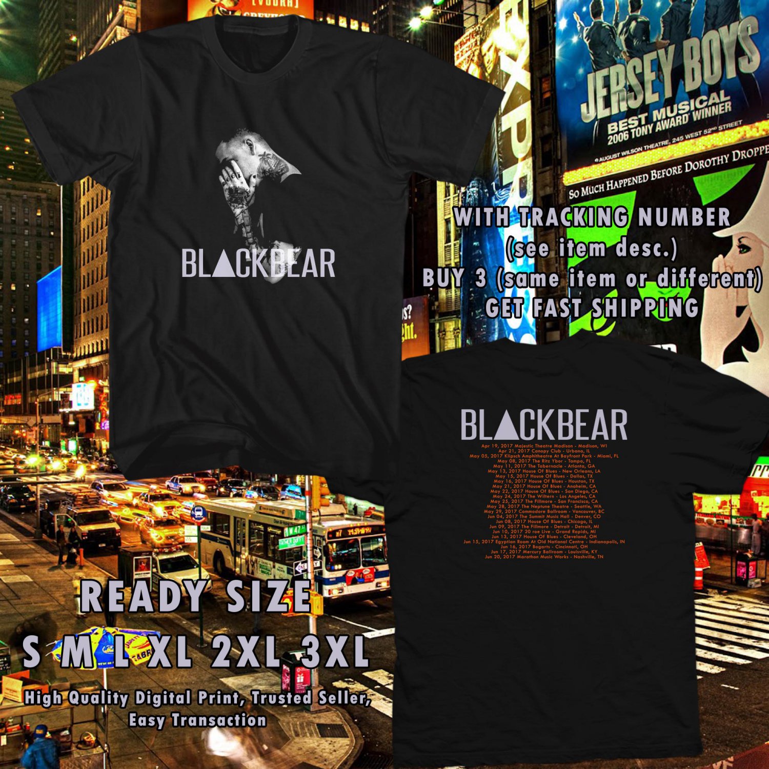 NEW BLACKBEAR DIGITAL DRUG TOUR 2017 BLACK TEE W DATES DMTR 665