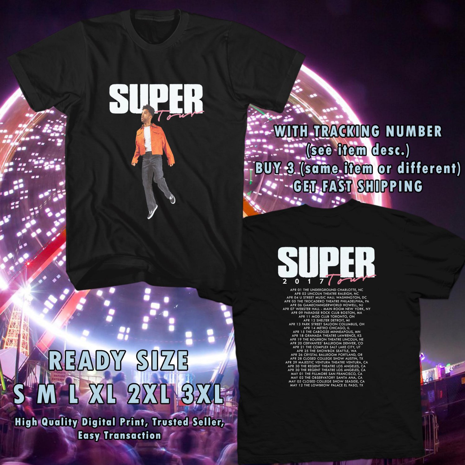 NEW SUPER DUPER KYLE SUPER TOUR 2017 BLACK TEE W DATES DMTR