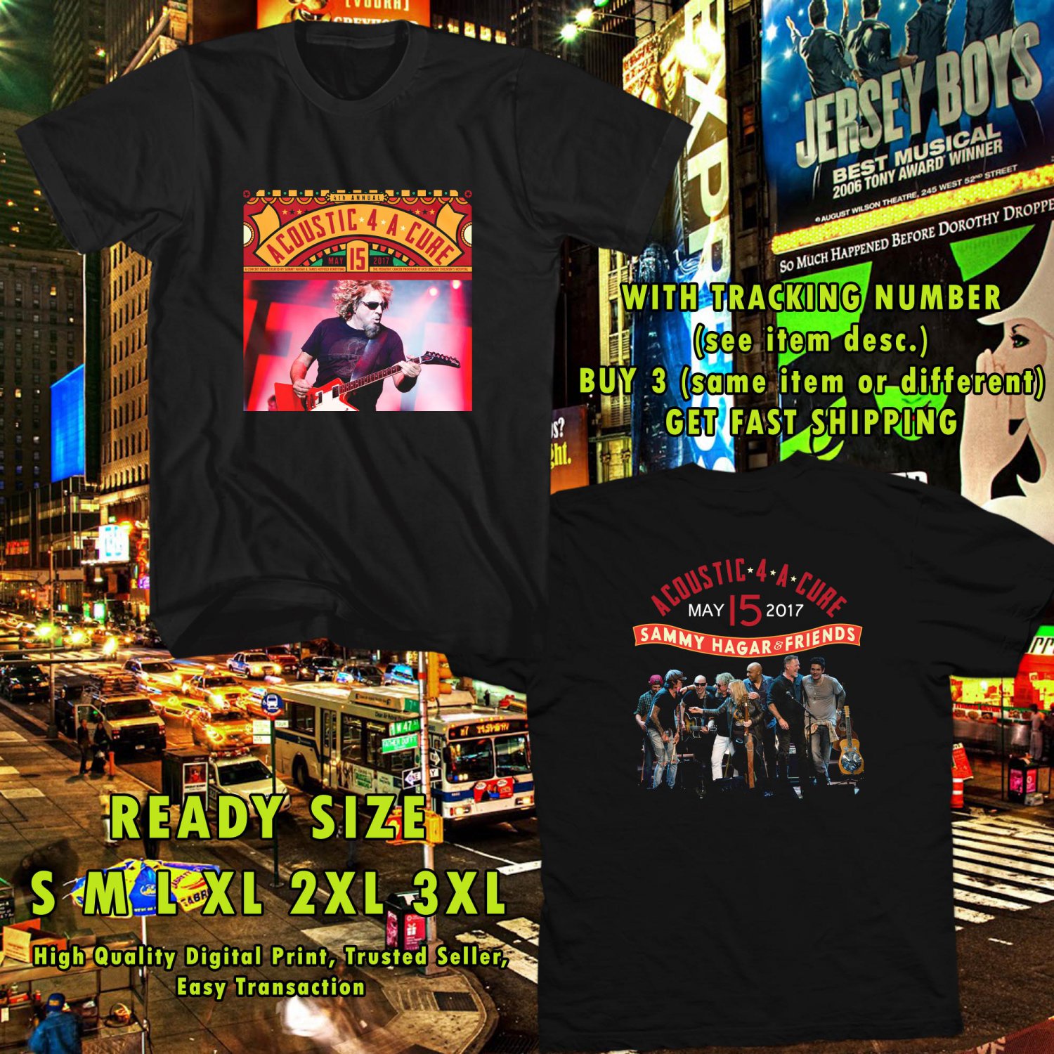 NEW SAMMY HAGAR AND FRIENDS ACOUSTIC FOR A CURE 2017 BLACK TEE W DATES DMTR 554