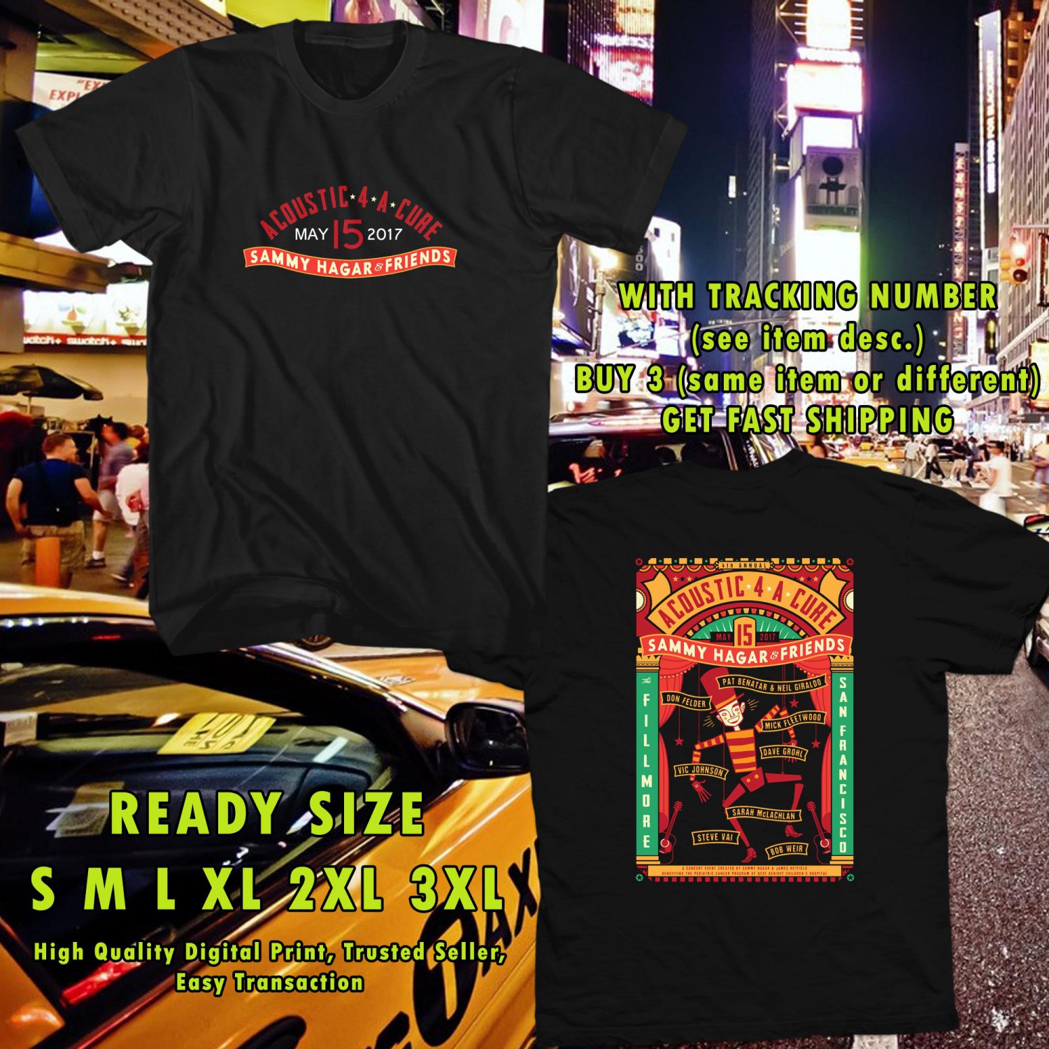 NEW SAMMY HAGAR AND FRIENDS ACOUSTIC FOR A CURE 2017 BLACK TEE W DATES DMTR