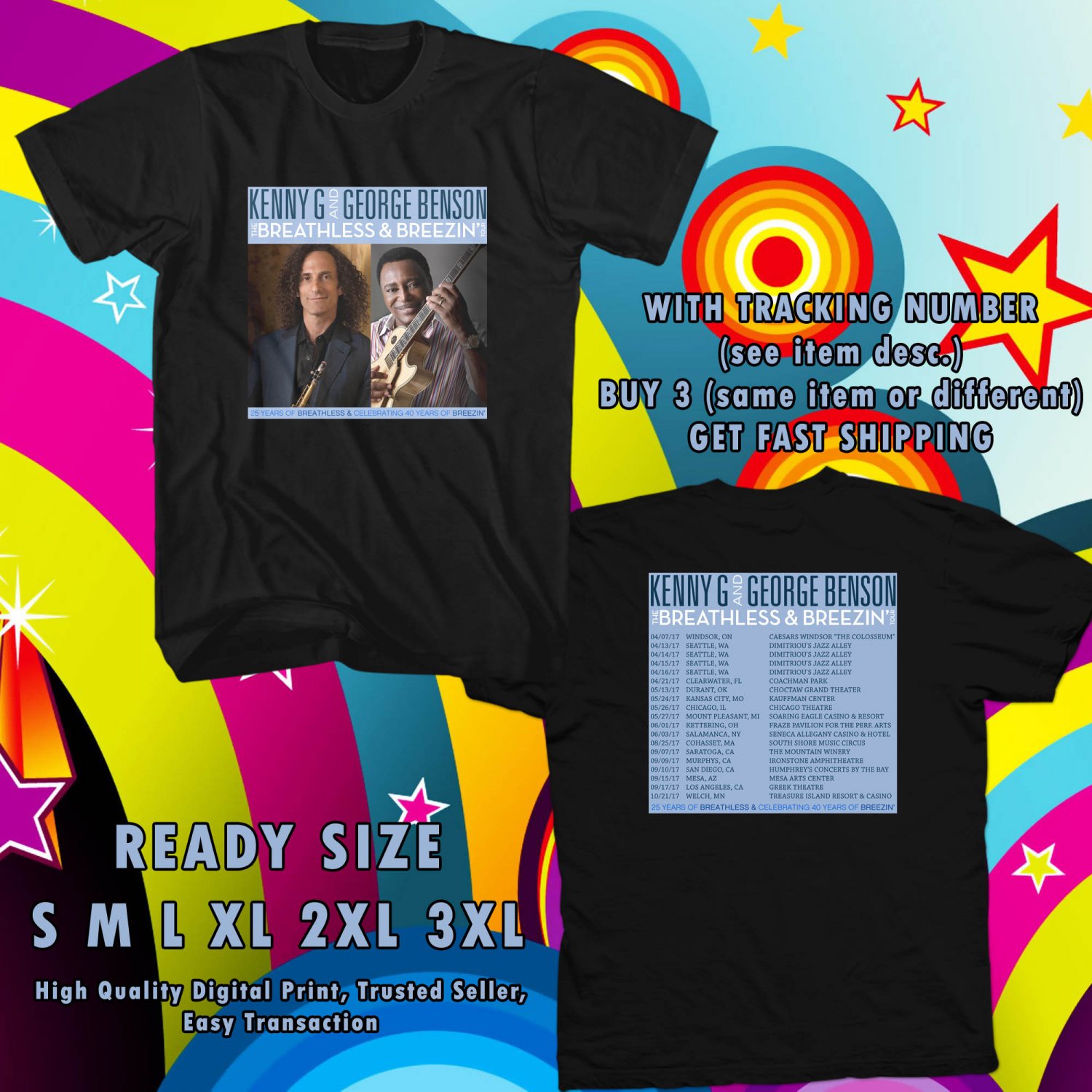 NEW KENNY G AND GEORGE BENSON TOUR 2017 BLACK TEE W DATES DMTR 554