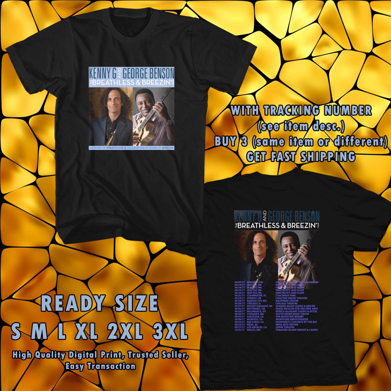 NEW KENNY G AND GEORGE BENSON TOUR 2017 BLACK TEE W DATES DMTR