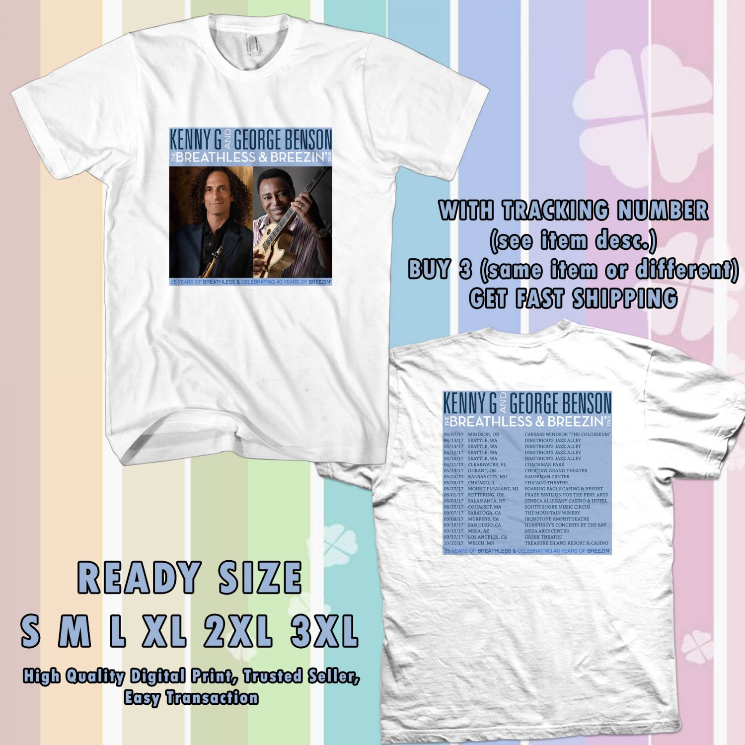 NEW KENNY G AND GEORGE BENSON TOUR 2017 WHITE TEE W DATES DMTR 554