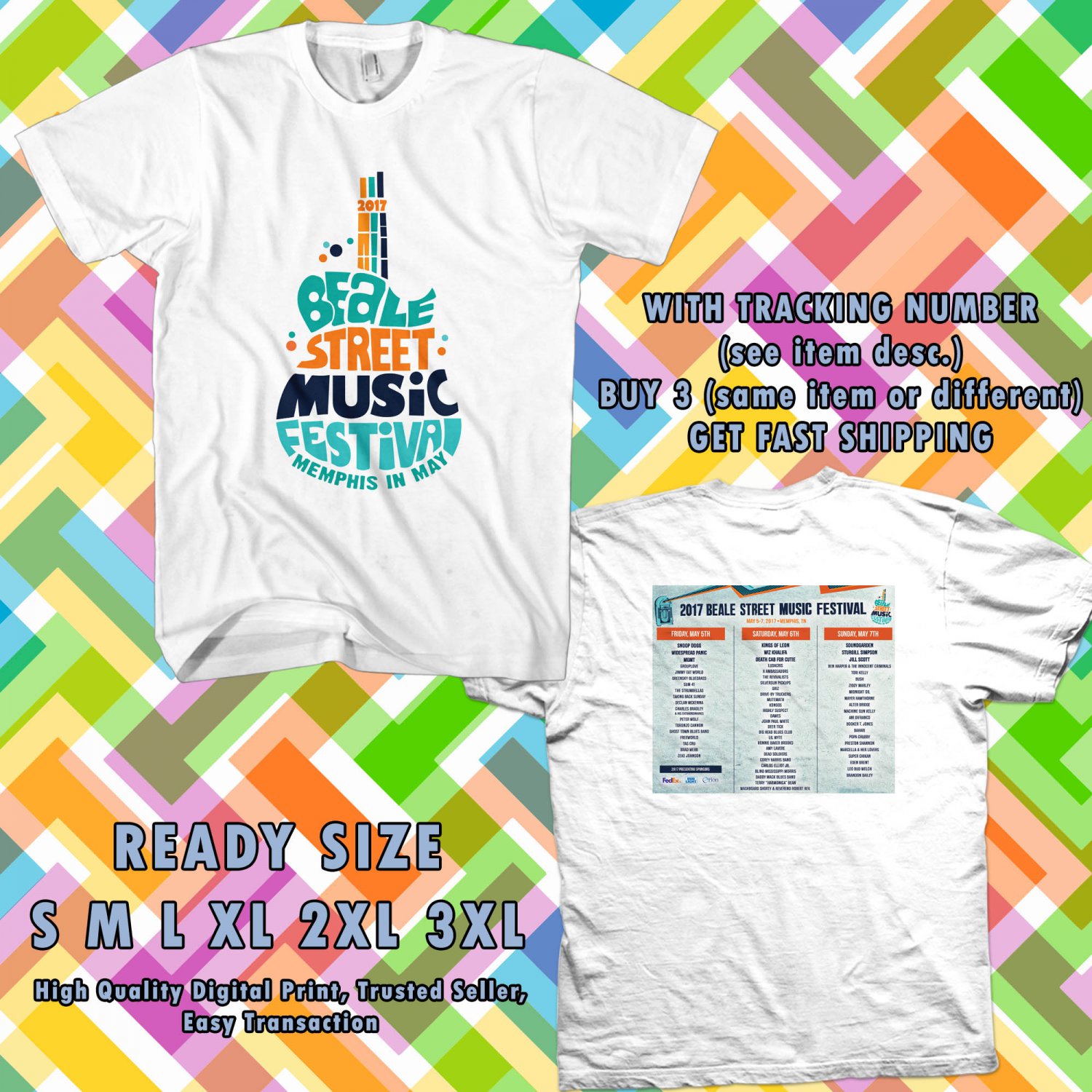 NEW BEALE MUSIC FEST MAY 2017 WHITE TEE 2 SIDE DMTR 776